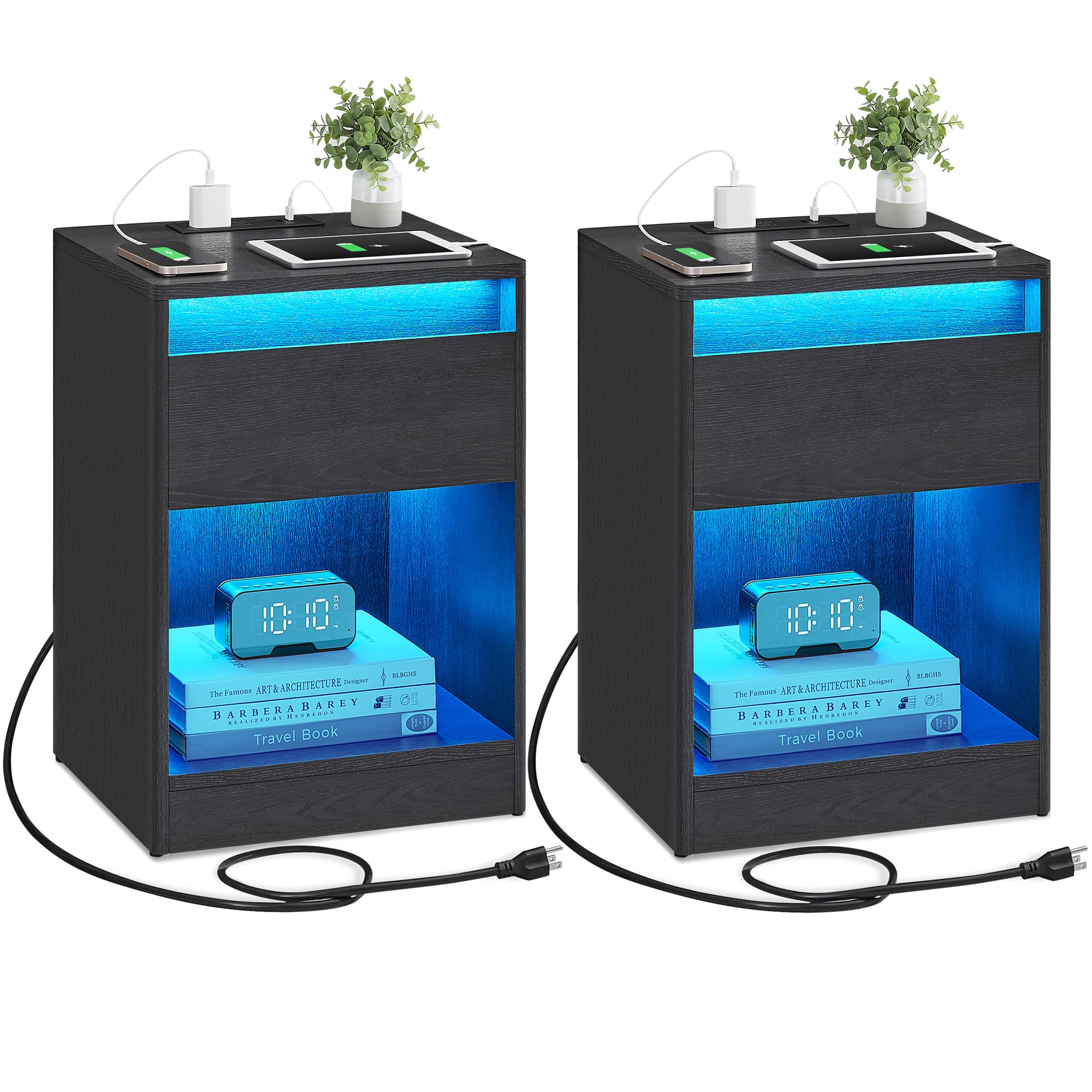 VASAGLE Set of 2 LED Nightstands with Charging Station, Adjustable Colors, 2 AC Outlets, 2 USB Ports, Bedside Tables, Side Tables with Drawer, 13.8 x 15.7 x 21.7 Inches, Ebony Black ULET918T21