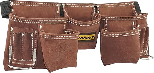 Miniatura 4 de Graintex Cinturón de herramientas de cuero de gamuza profesional de 11 bolsillos, bolsa de herramientas color marrón café, cinturón de correas de 2