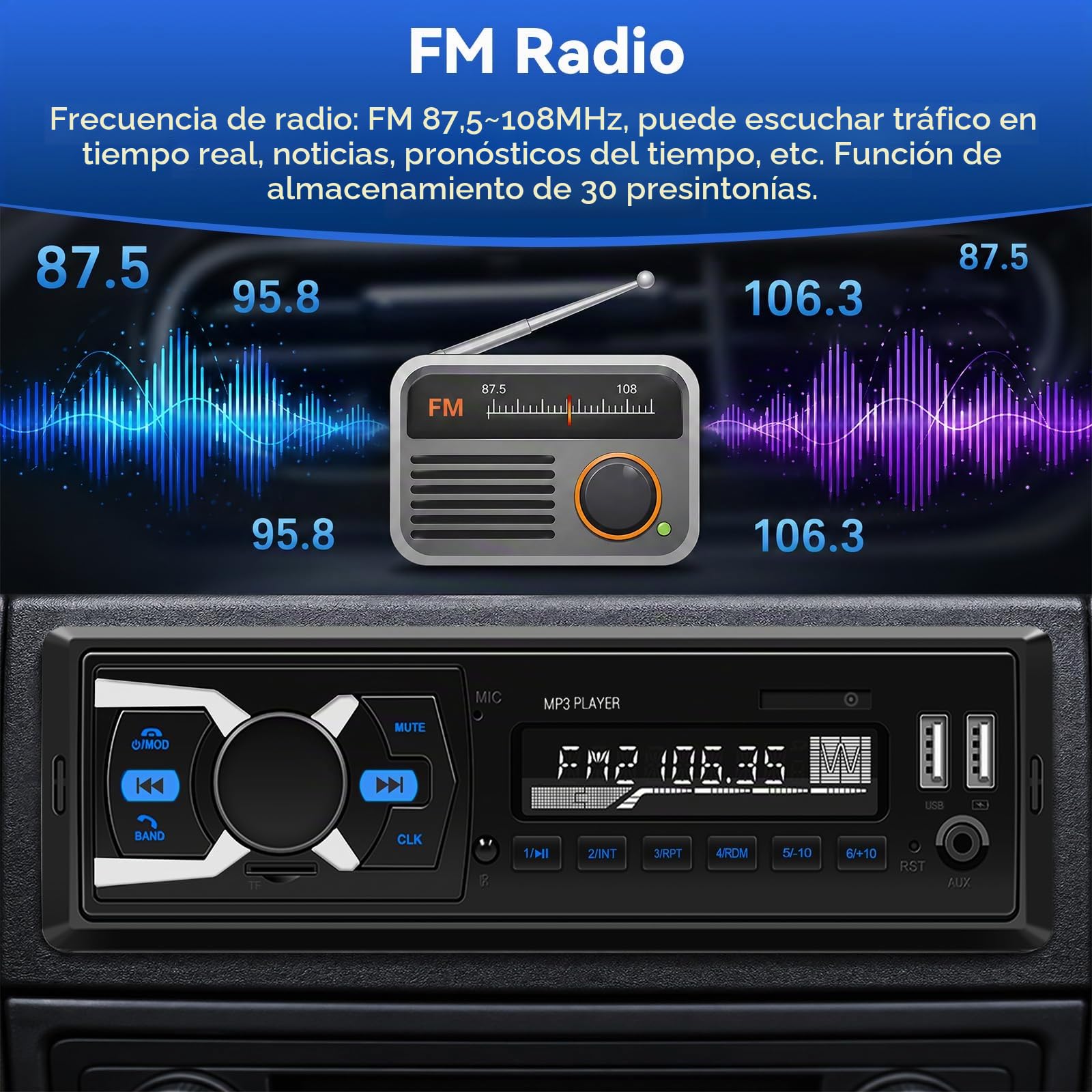 SIXTOP Dab Radio con Sistema Manos Libres Bluetooth Radio para Coche 1DIN con FM Radio/Pantalla de Reloj LCD, Reproductor de MP3 Radio 1DIN Admite Entrada AUX/RCA/Reproducción USB/Carga