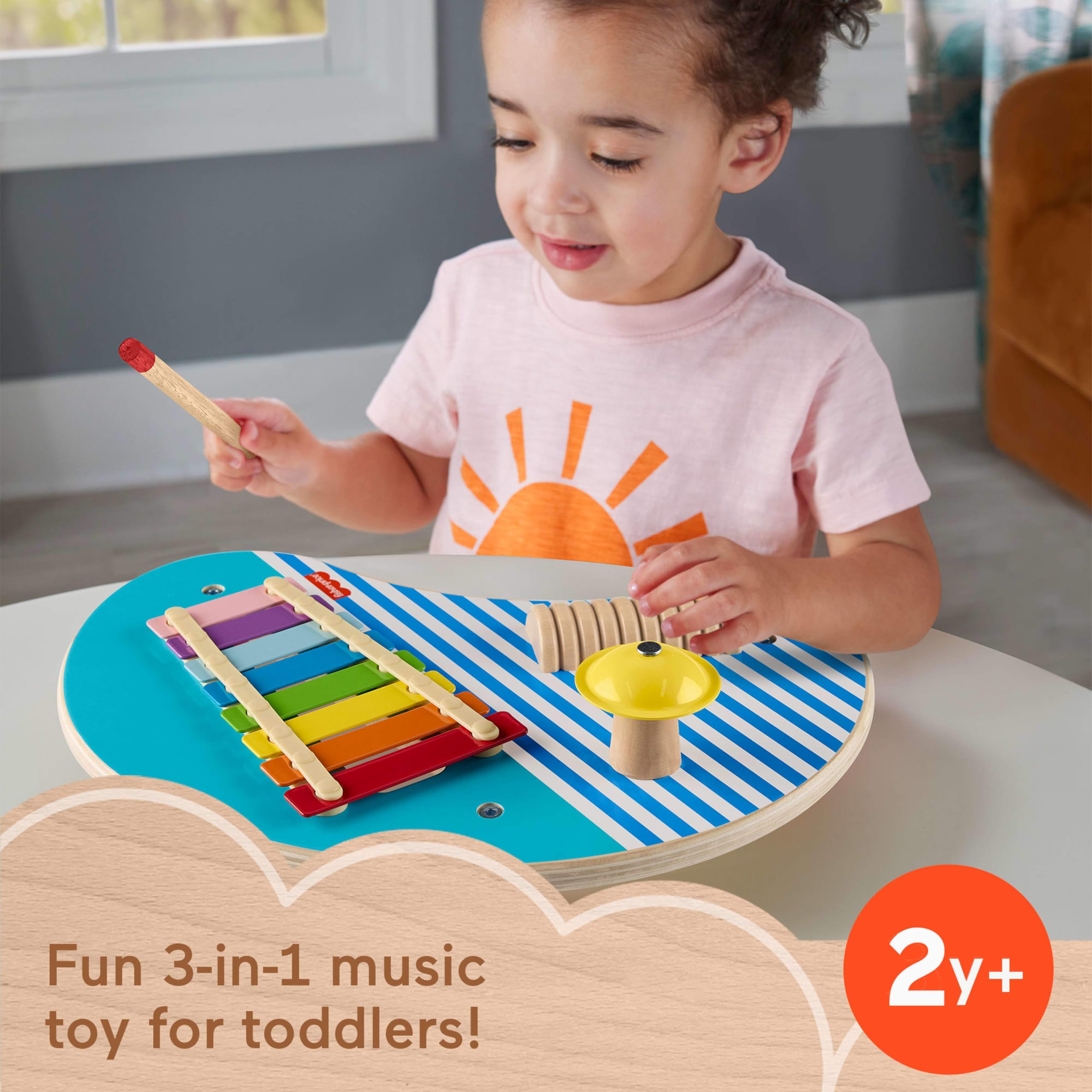 Fisher-Price Wood Toddler Toy Musical Table, 3-Piece Wooden Percussion Instrument for Developmental Play Kids Ages 2+ Years