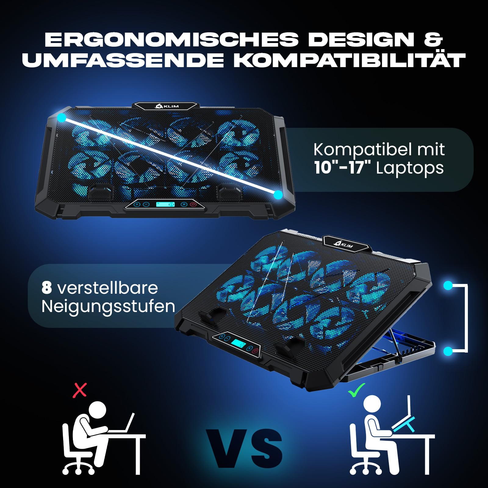 KLIM V8 Gaming Laptop Cooling Pad mit 8 Lüftern - Neu - Gaming Laptop Kühler - Stabiler RGB Notebook Ständer mit Lüfter - Kompatibel bis zu 17" - 2 USB Ports - Handyhalterung - 5 Jahre Schutz