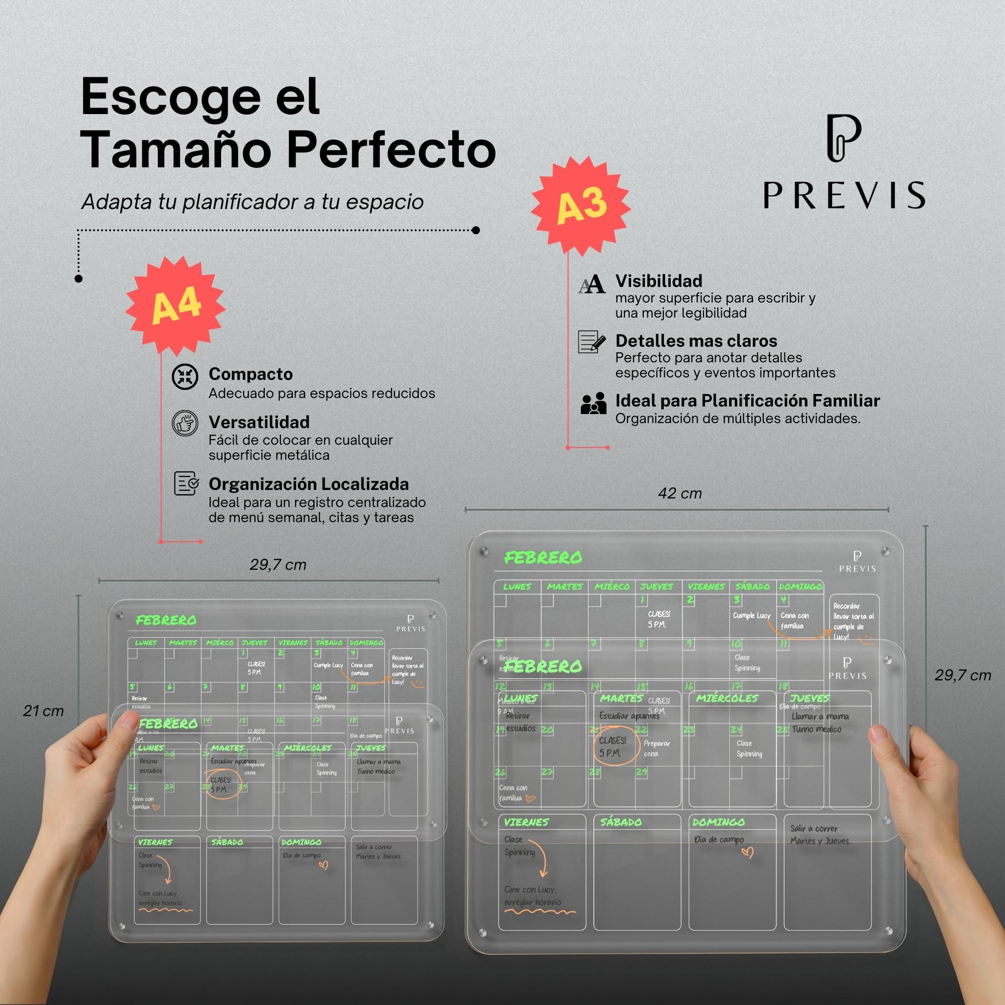 PREVIS Kit de 2 Pizarra Magnetica Nevera Transparente Acrilica A3 (30x40CM) (Semanal + Mensual) + 4 Rotuladores - 2X Acrylic Magnetic Dry Erase Board- Planifica y Decora tu Frigorifico con Estilo