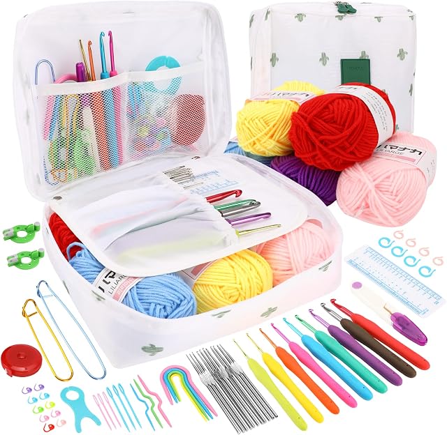 Auniq Crochet Hooks Set 66pcs Knitting Needles Sets 0.6-6mm Ergonomic Crochet Kits Soft Grip Handle Crochet Tools Yarn Knitting Tool Accessories with Carry Bag for Beginners Adults Knitt Gifts(style2)