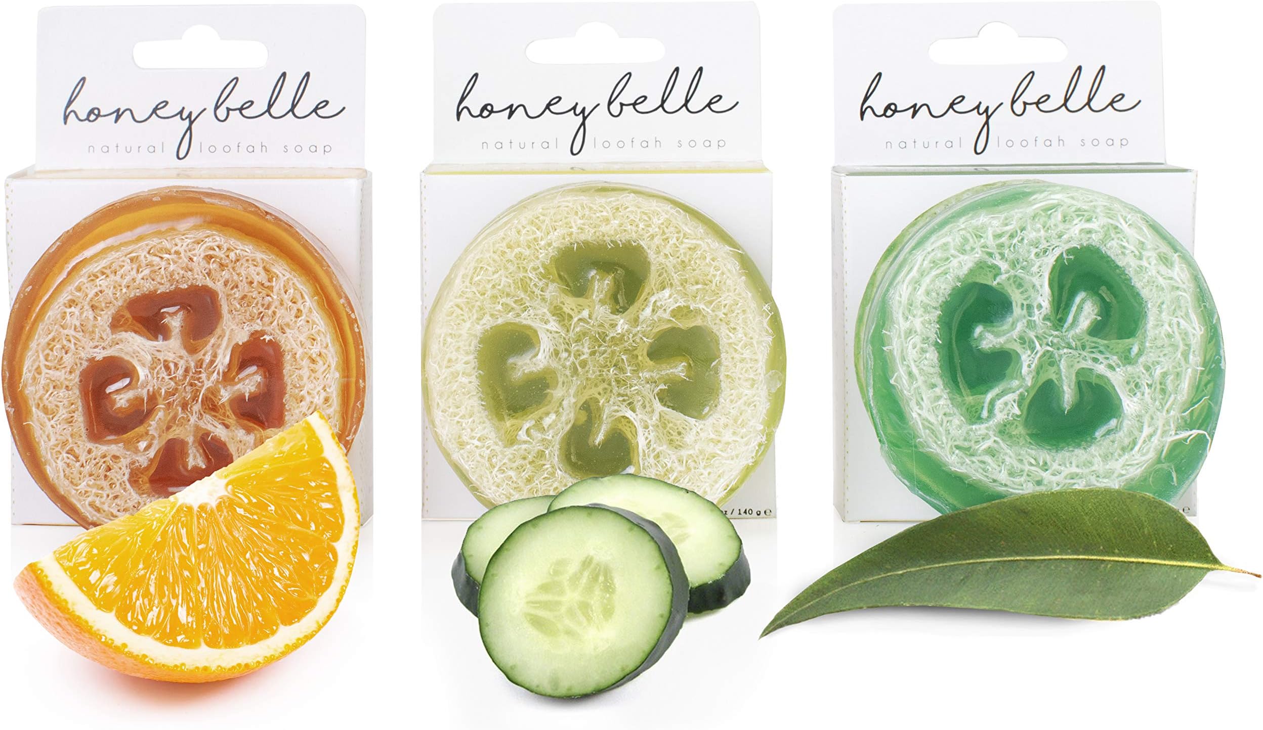 Honey Belle Natural Loofah Soap Bar | Exfoliating Soap with Loofah Inside | Eco-Friendly, Natural Soap with Loofah Built In | Citrus, Green Tea & Cucumber, Eucalyptus & Peppermint (Refresh 3-Pack)