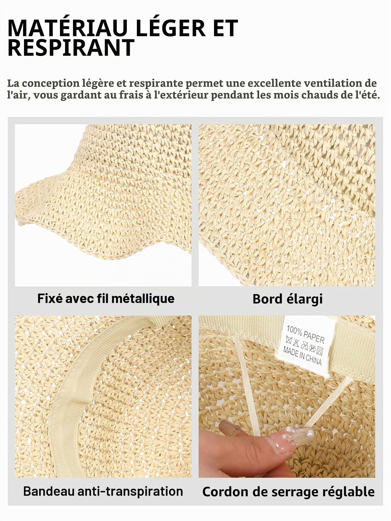 soul young Chapeau de Soleil Femme en Paille Tressée Large Bord Reversible Plage Bob Pliable Été Voyage Protection UV UPF50+