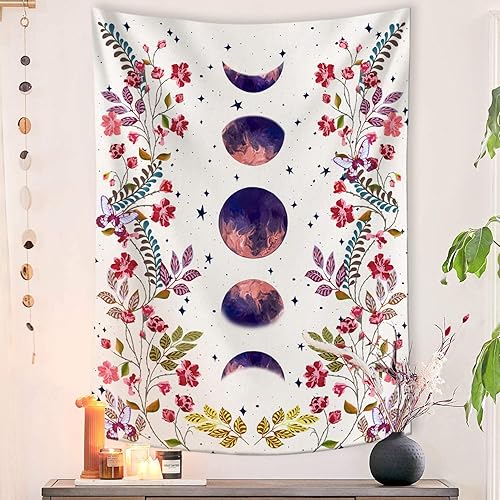 Miniatura 2 de Lifeel - Tapiz de jardín con luz de luna, fase lunar rodeada de vides y flores, tapiz negro para decoración de pared