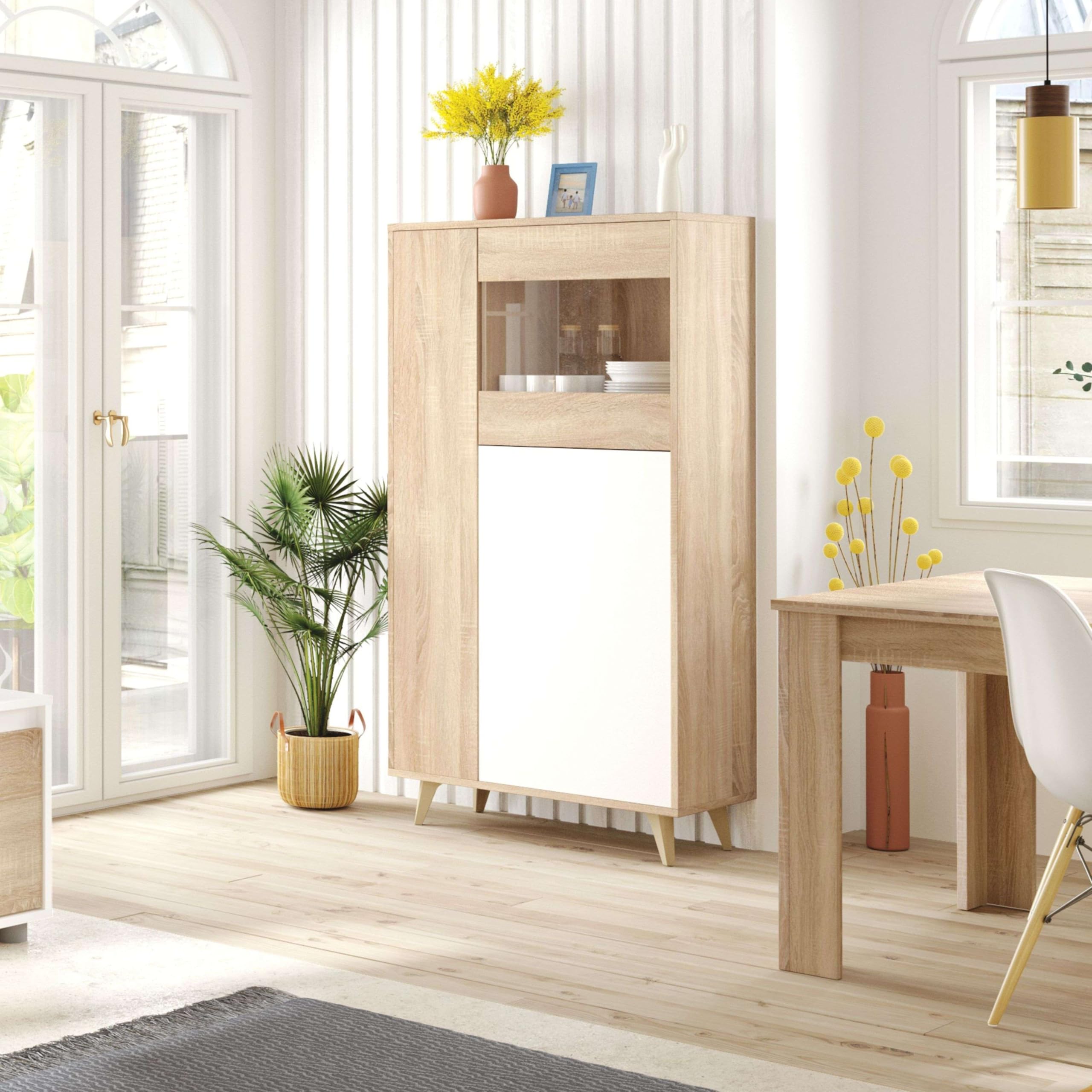 Habitdesign Vitrina con 3 Puertas, Bueffet para salón, Modelo Kikua Plus, Acabado en Blanco Artik y Roble Canadian, Medidas: 77 cm (Ancho) x 142 cm (Alto) x 33 cm (Fondo)