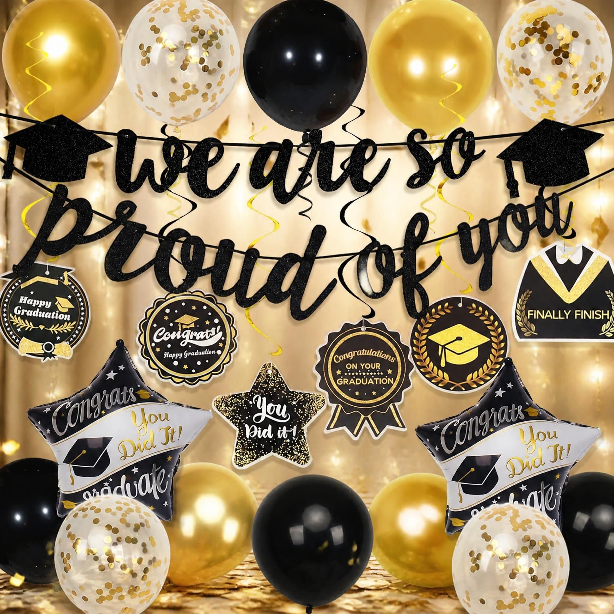 Lotnery Graduation Decorations Class of 2026, Black Gold Party Supply Set, We Are So Proud of You Banner and Hanging Swirls, Fast 15-Min Setup, Waterproof Compact Banner