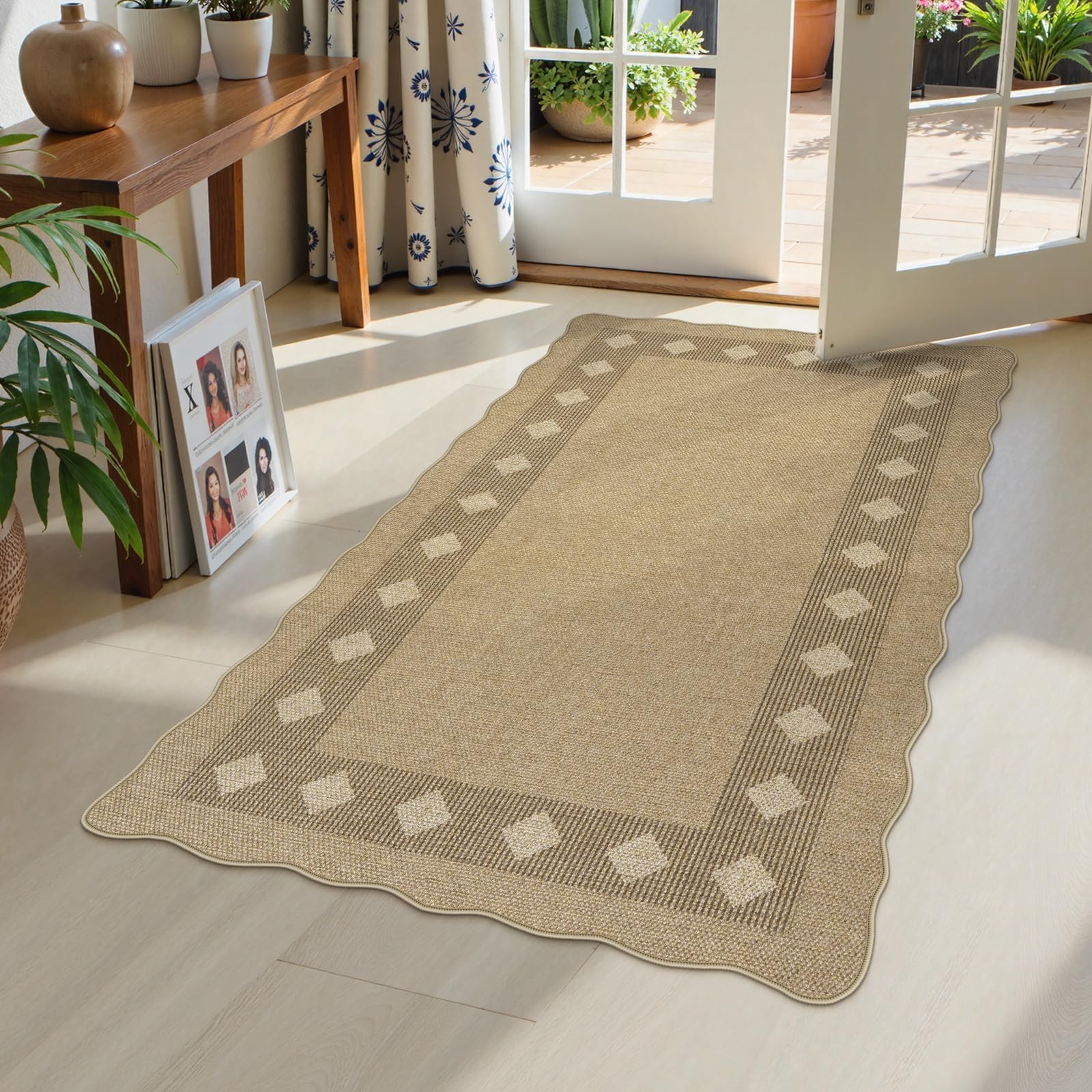 LIVEBOX Scalloped Easy Jute Diamond 3x5 Outdoor Rug, Washable Non-Slip Tan Rugs for Entryway, Geometric Checkered Indoor Outdoor Rug Farmhouse Morden