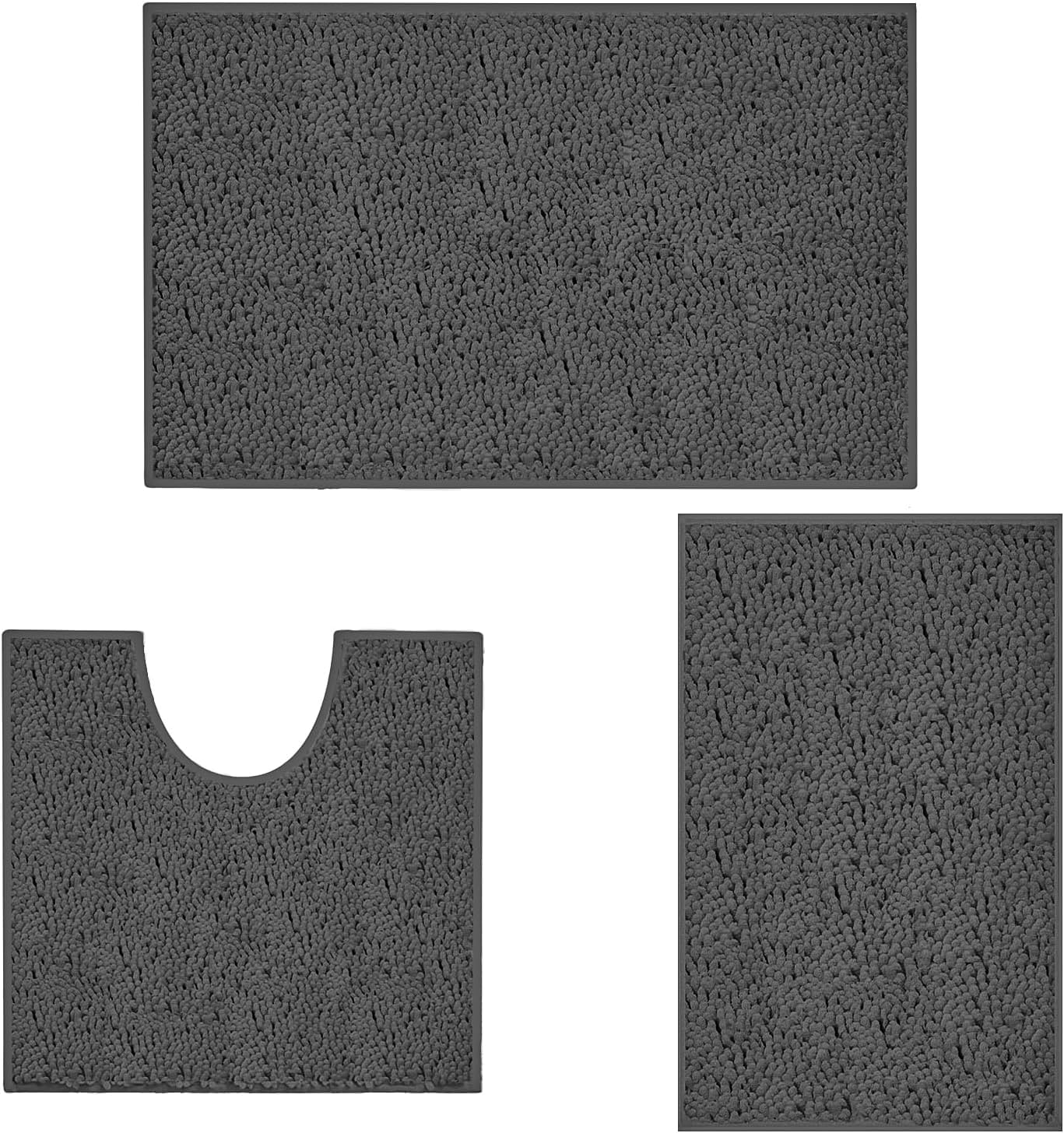 placeroom Bathroom Mat Set of 3, Bath and Toilet Mat Set,Ultra Soft Chenille Bath Mat Non Slip,Bath Mat Sets 3 Piece Washable,Super-Absorbent Bath(Dark Gray bath set)