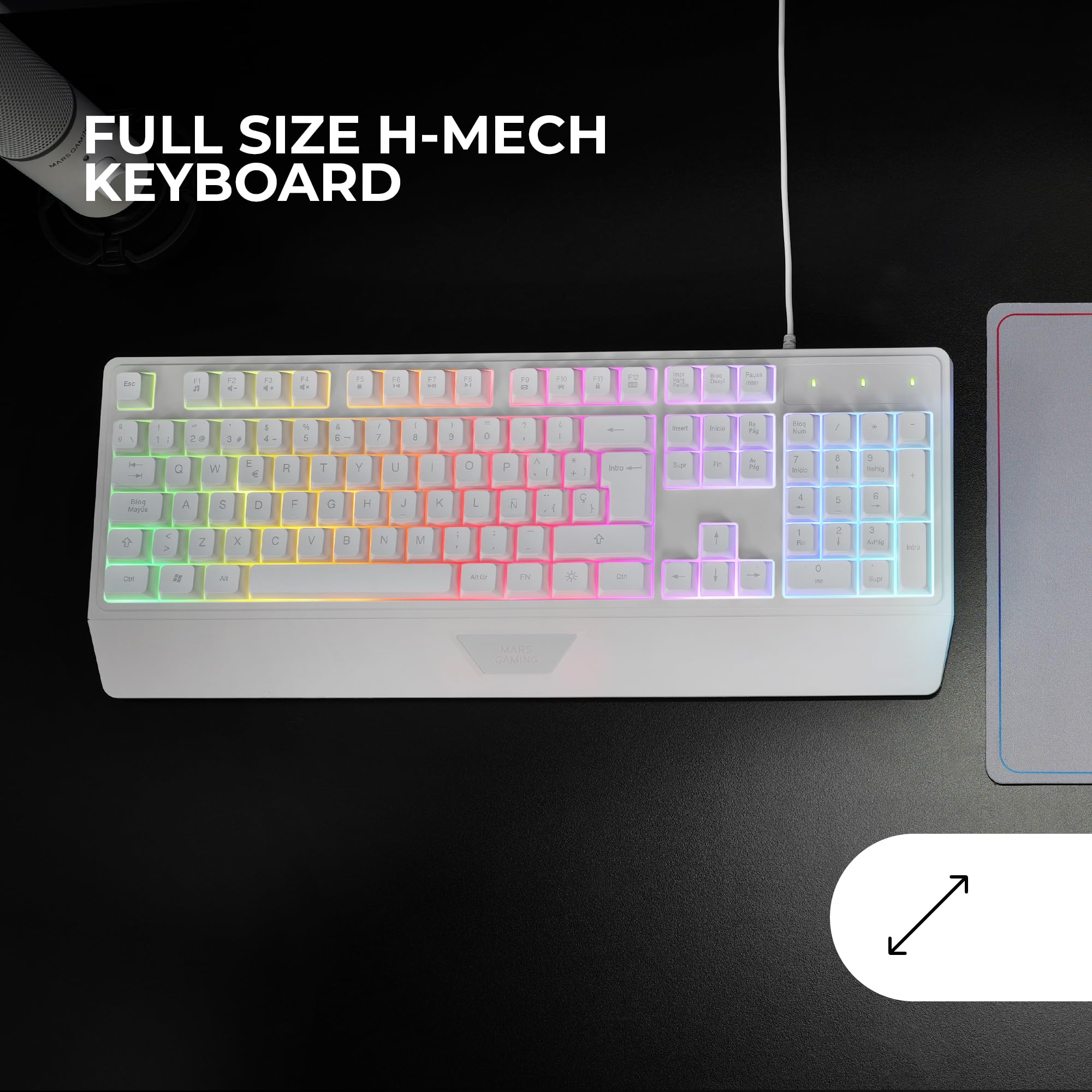 Mars Gaming MK124, Idioma Español, Teclado Ergonómico H-Mech Completo, Reposamuñecas Integrado, Iluminación FRGB Rainbow, Gaming Antighosting, Multiplataforma, Blanco — view 2