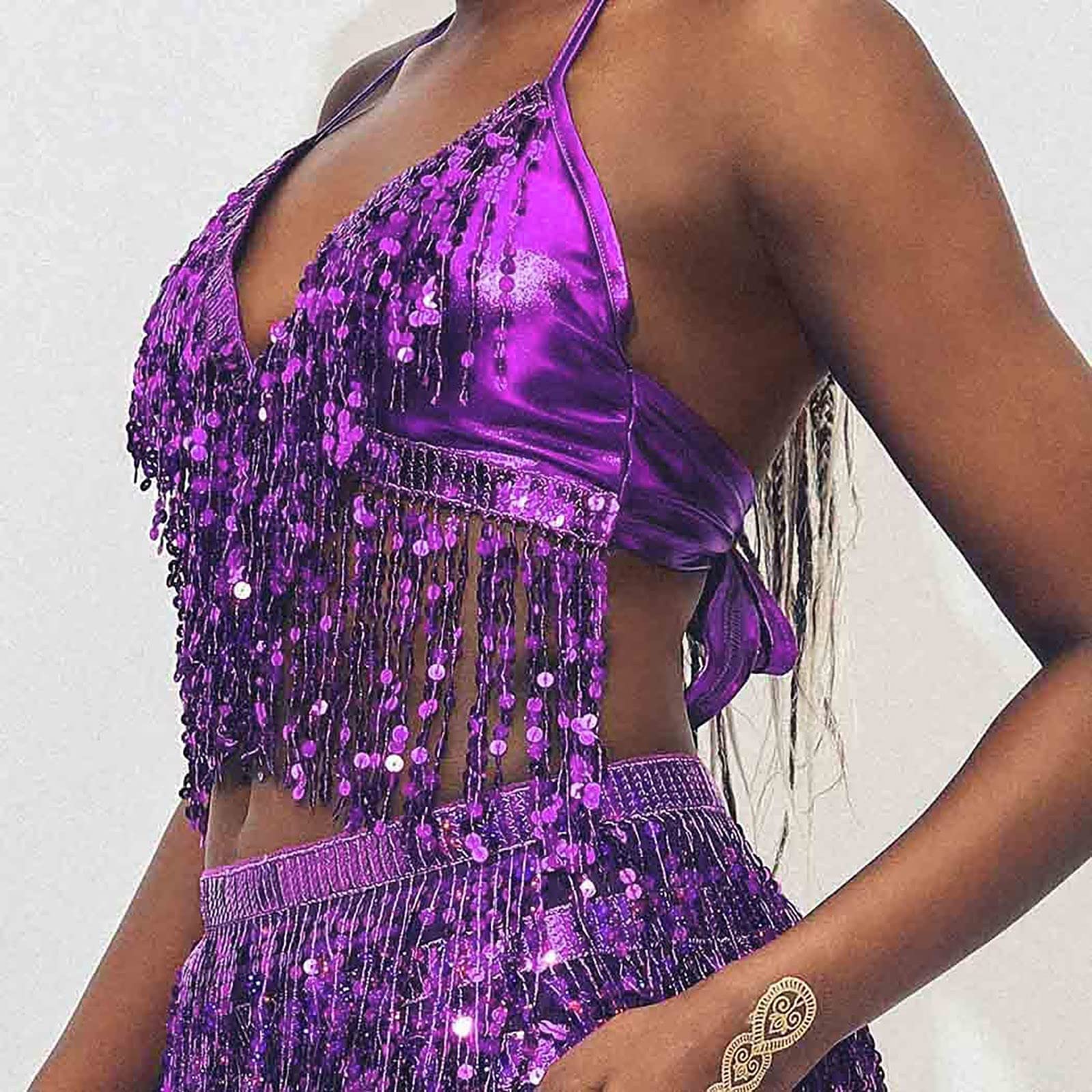 Generisch Camiseta de rayas para mujer, danza del vientre, lentejuelas, sujetador borla, ropa halter tops, moda para mujer