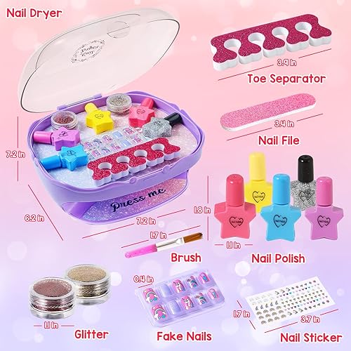 Miniatura 5 de Juego de esmaltes de uñas para niñas, color morado, juguetes para niñas de 5, 6, 7, 8, 9, 10, kit de cuidado de uñas con esmalte de uñas, secador de