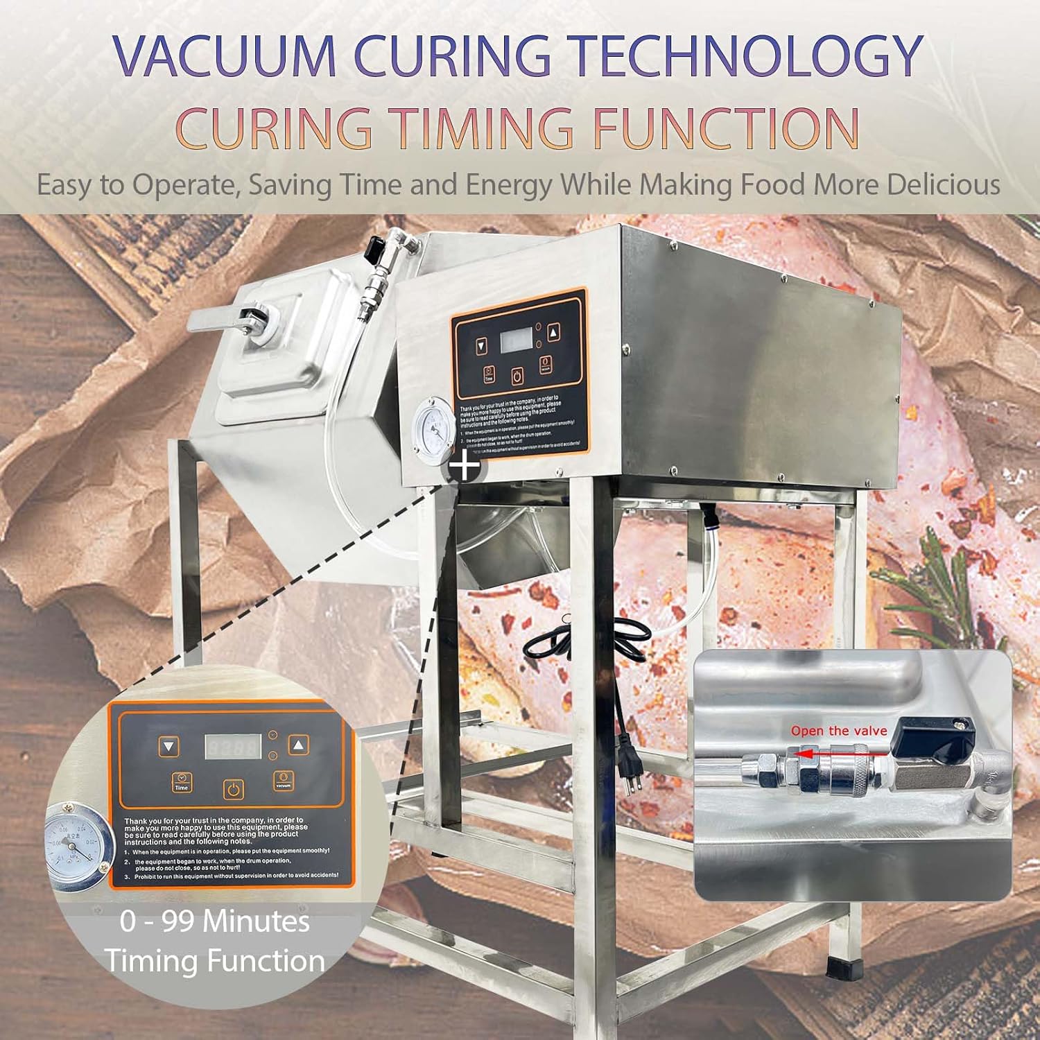 80L Vacuum Tumbler Marinator, Meat and Vegetable Vacuum Curing Machine with Hexagonal Barrel, 360° Rotation and Timer, Commercial Kitchen Marinating Machine