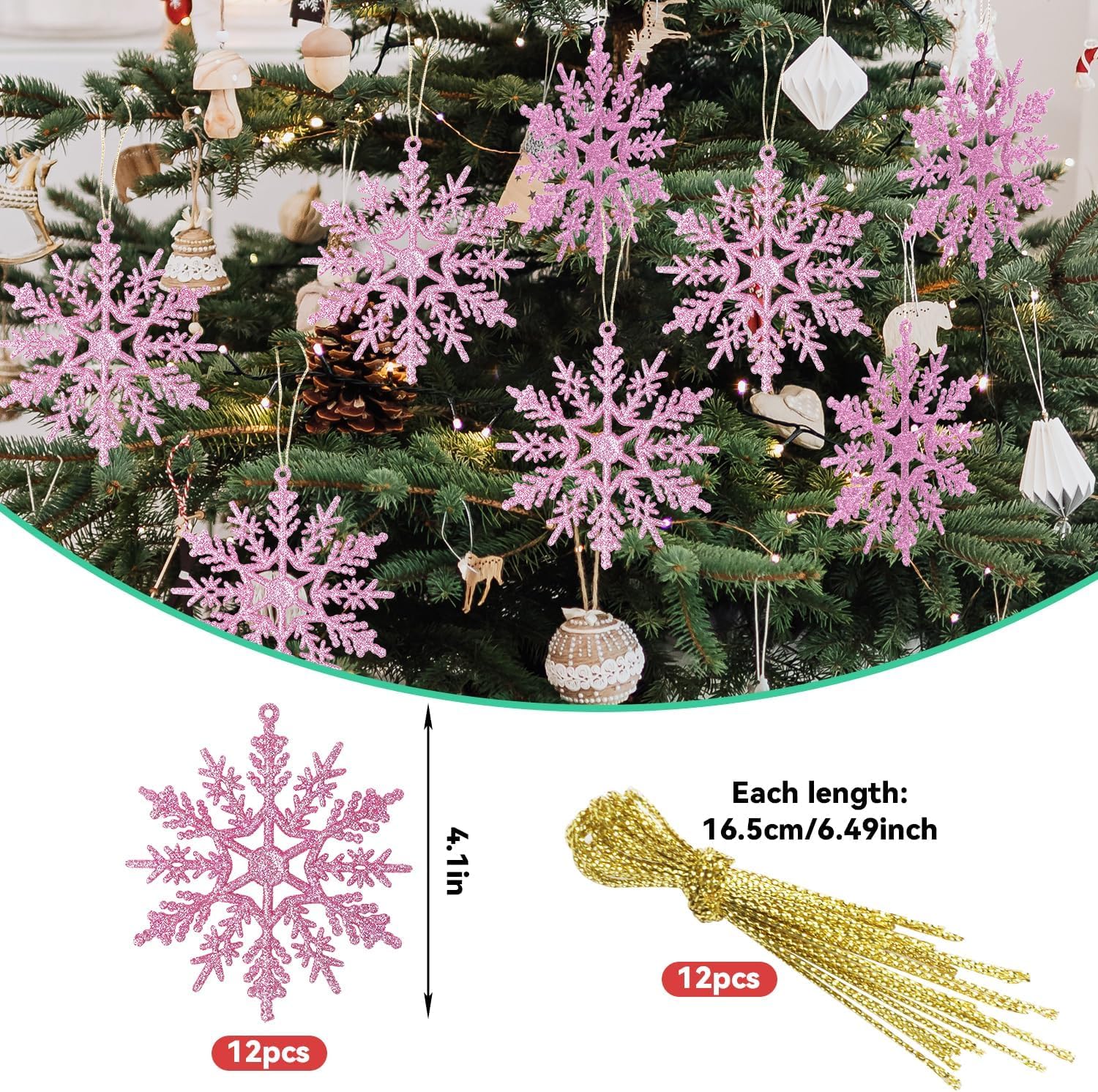 SULOLI 12 Piezas Decoración de Copos de Nieve，Adornos de Copo de Nieve con Purpurina,Colgante de Copo de Nieve，Decoraciones Utilizadas para Colgar en el Àrbol de Navidad, Hogar, Empresa（Rosado）
