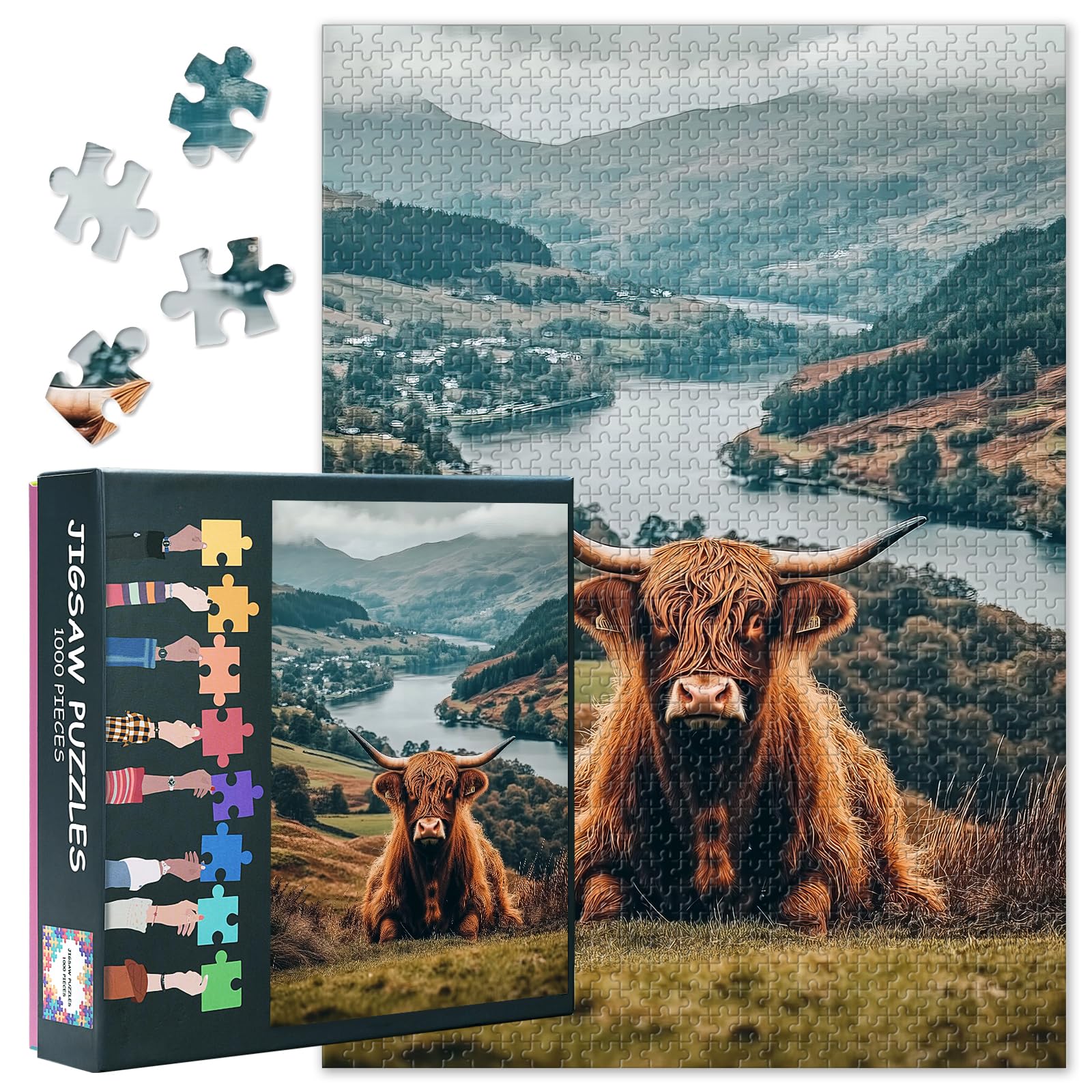 1000 Piece Highland Cow Jigsaw Puzzle Vibrant Countryside Landscape Rolling Hills Panorama Farm Animal Art Premium Paper Puzzle Nature Lover's Wall Decor Scottish Highlands Scene 27.5x19.7 Inches