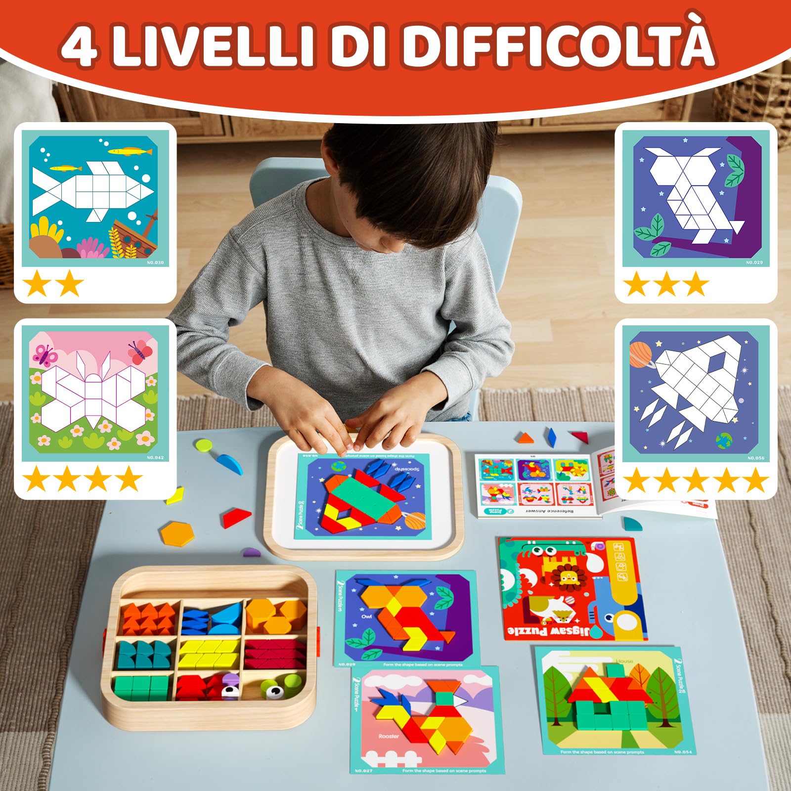 Set di Blocchi Magnetici in Legno con Carte, 288 Pezzi Puzzle Tangram Montessori Giocattoli Educativi per Bambini dai 3 ai 5 Anni, Regalo STEM Educativo per Bambini dai 3 ai 5 (288 per te)