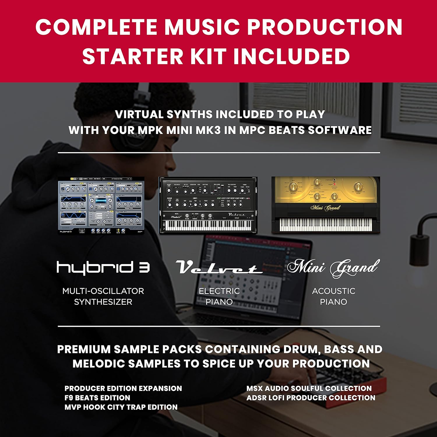 Akai MPK Mini MK3 MIDI Keyboard Controller + M-Audio SP2 Sustain Pedal, with MPC Beats and Software Suite – Beat Maker Bundle