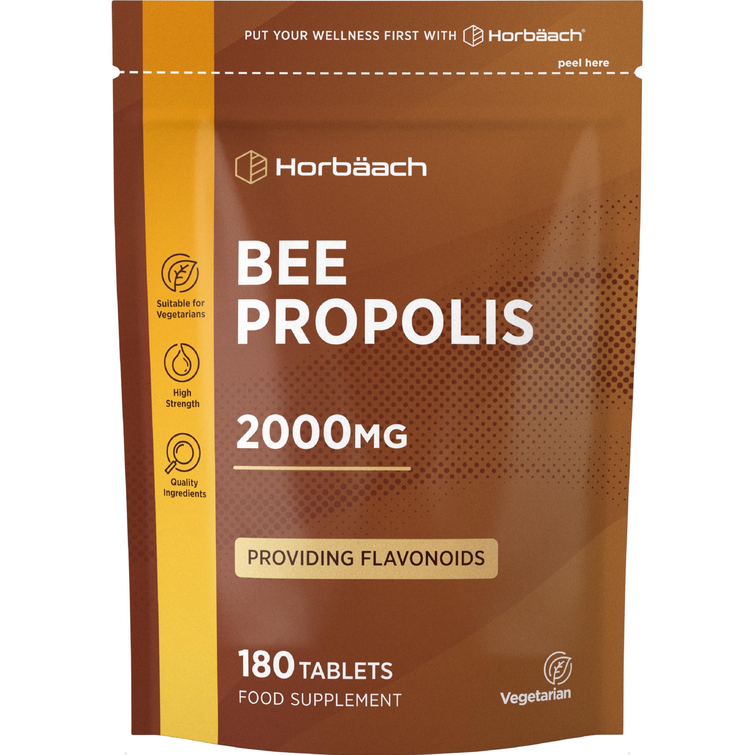 Propolis Gelules 2000 mg | 180 Comprimés | Apport en Flavonoïdes | Haut Dosage | Convient aux Végétariens | Comprimés de Propolis | par Horbaach