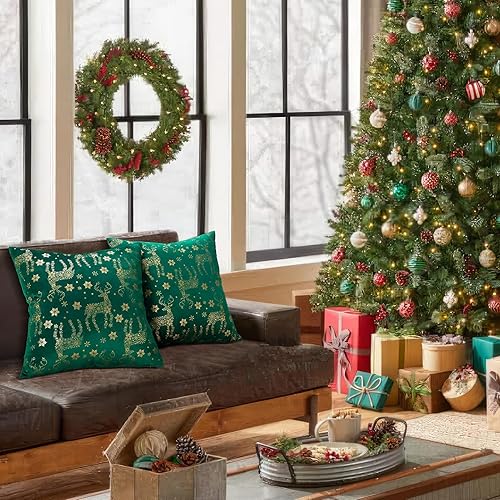 Miniatura 6 de Topfinel Juego de 2 fundas de almohada de terciopelo de primavera verde esmeralda 20 x 20 pulgadas color verde bosque dorado con purpurina estampado