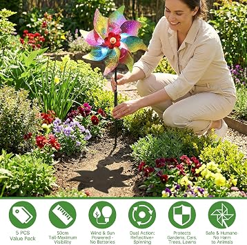 5PCS Bird Scarers Windmills, Reflective Pinwheel Wind Spinners for Garden, Multi-Color Pigeon Deterrent Windmills, Outdoor Bird Repellent for Crops, Flowers, and Lawn Protection
