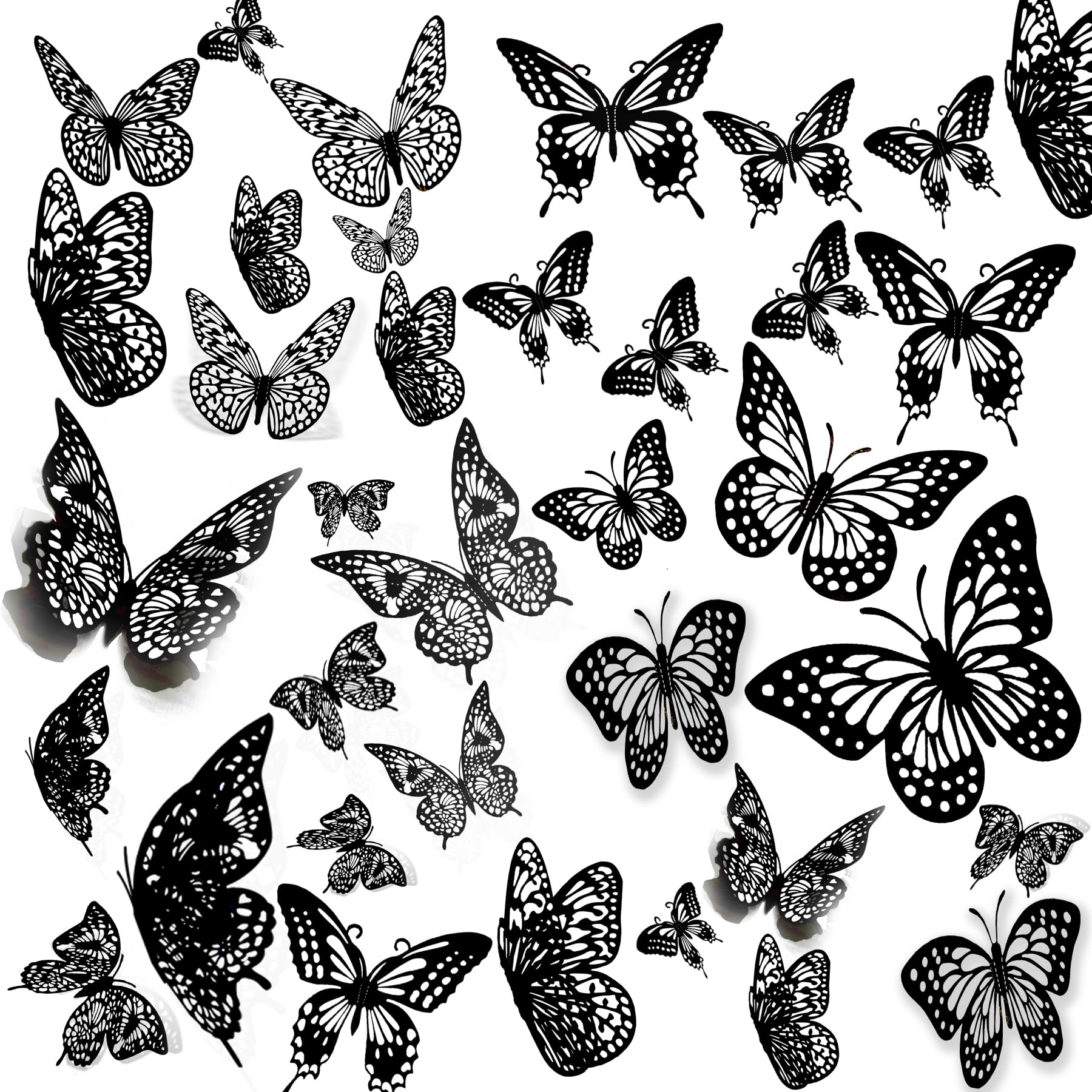 JOSDEOX 3D Butterflies Wall Decoration Sticker 48 Pcs 3 Sizes 4 Styles Removable Butterfly in Black Metallic Texture Deco Baby Room Party Cake Balloom Home (48 Black)