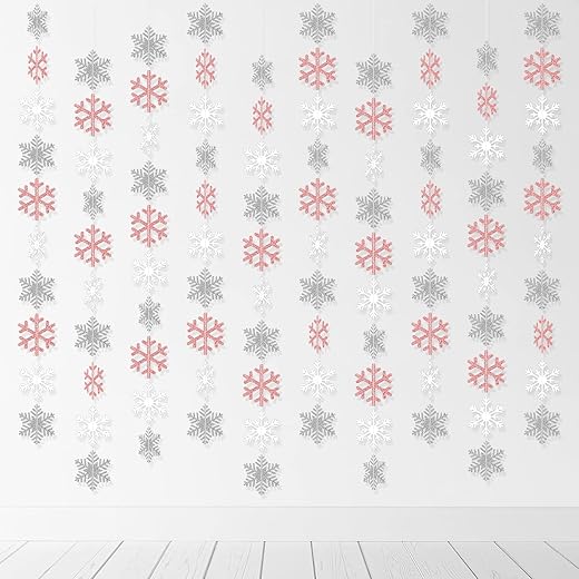 Winter Snowflake Hanging Decorations, Glitter Silver White Rose Gold Snowflakes Christmas Hanging Garland Winter Party Decorations for Winter Wonderland Girls Birthday Christmas Party Decorations