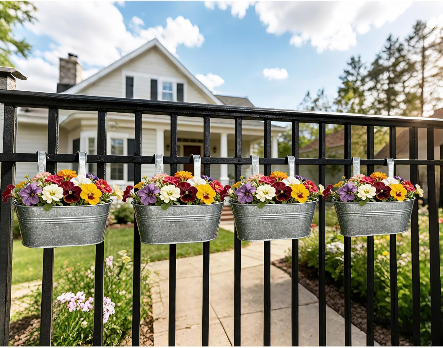 Balcony Galvanized Hanging Planters Railing Flower Pots, Outdoor Metal Fence Planter Pot with Detachable Hooks Drain Hole for Garden Patio Yard Decor (12 Inch, 6Pcs)