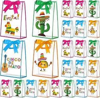 Gersoniel Cinco De Mayo 손잡이가 달린 투명 선물 가방, 재사용 가능한 플라스틱 멕시코 파티 선물 가방, 리본 포함, 피에스타 선물 PVC 파우치, 생일 휴일 파티 용품, 17.8 x 25.4 x 8.9cm(7 x 10 x 3.15인치)