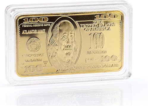 كنوز العملة الأمريكية بن فرانكلين $ 100 Bar One Troy Ounce Layered in 24KT Gold Novelty Decoration