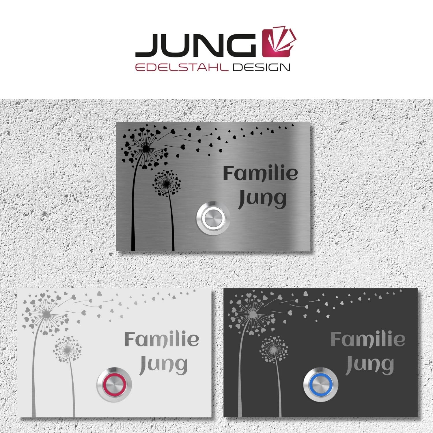 Jung Edelstahl Design Türklingel London 2 anthrazit RAL7016 pulverbeschichtet | Motiv Pusteblume Klingelschild 12 X 8 cm | Haustürklingel V2A Edelstahl LED Taster (weiß)