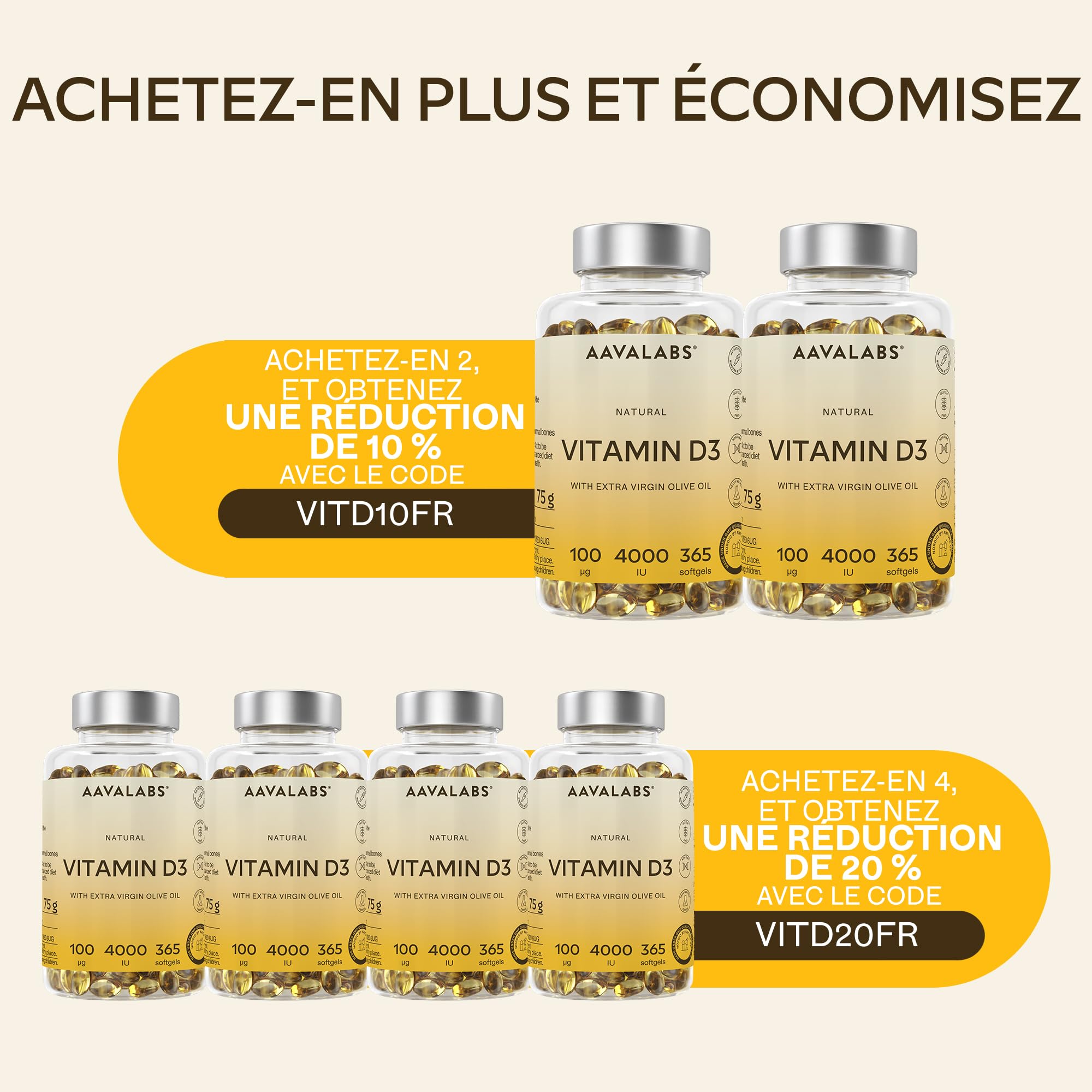 Vitamine D3 4000 UI - Vitamine D avec Huile d’Olive Extra Vierge pour Absorption Optimale - Vitamines sans OGM, sans Gluten et Lactose pour les Fonctions Osseuse, Musculaire, Immunitaire - 365 Gélules