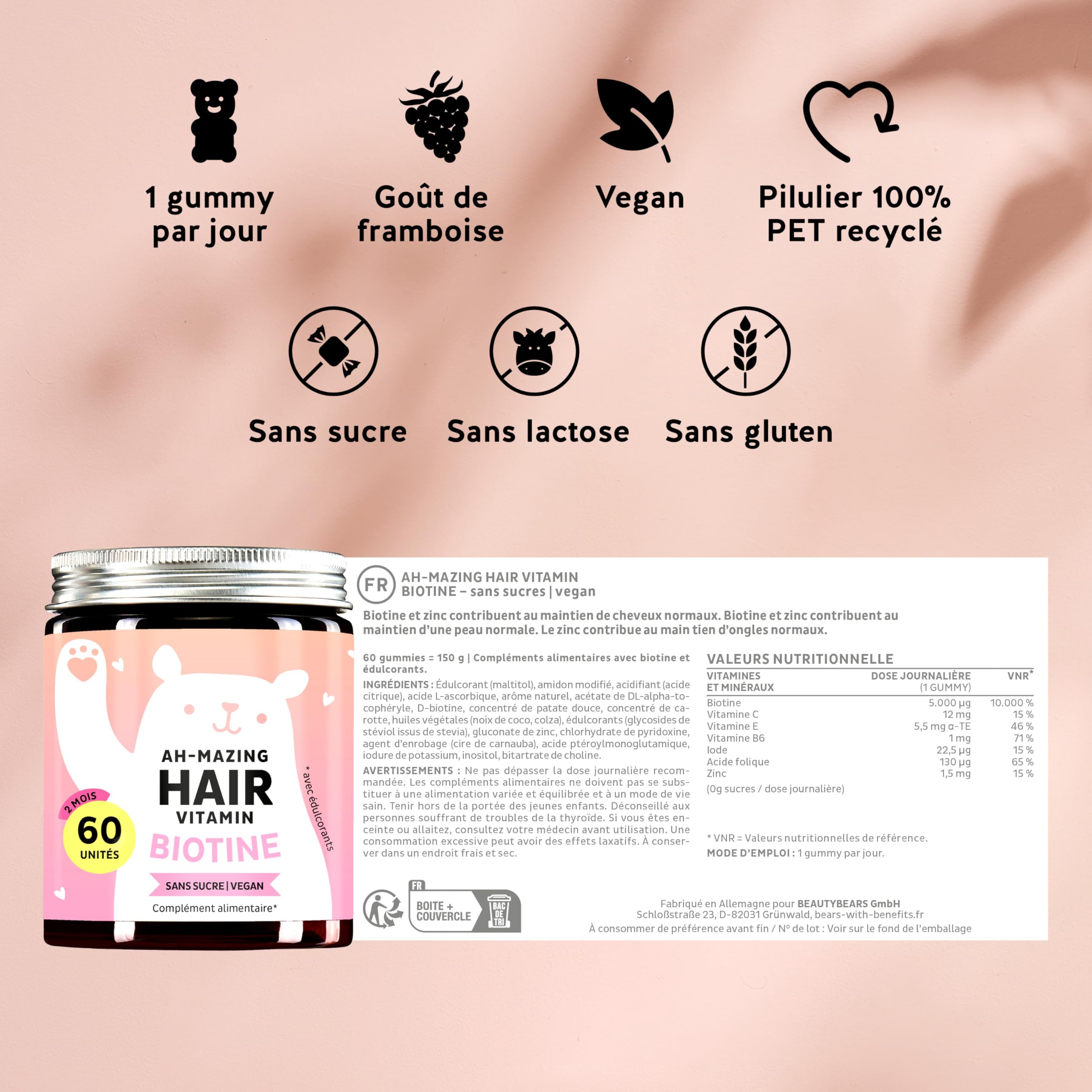 Gummies Biotine Ah-mazing Hair Pack de 3– Vitamines pour les Cheveux, la Peau et les Ongles – 5000 µg de Biotine, Zinc, Vitamines C, E – 180 Unités (6 Mois), Vegan, Sans Sucre, Bears with Benefits