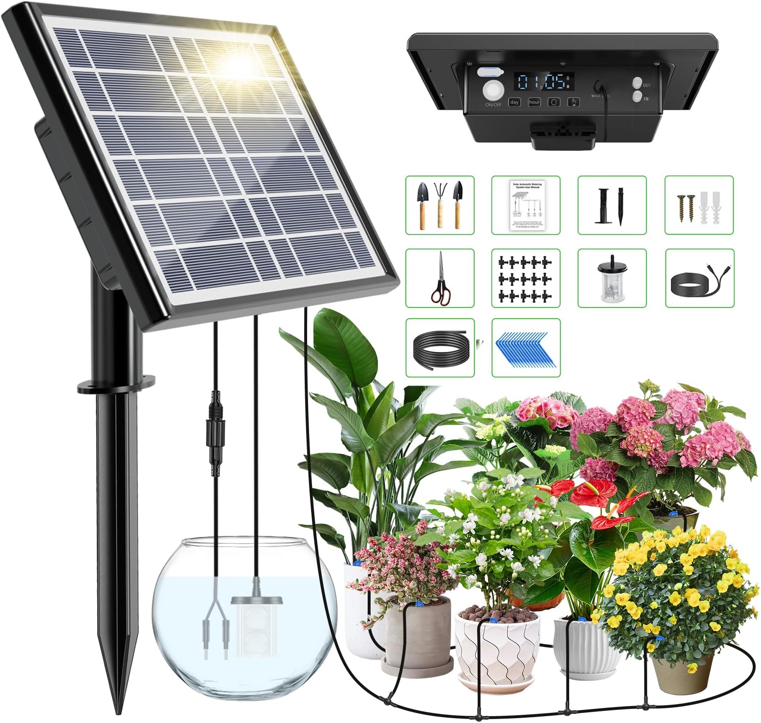 Solar Drip Irrigation Kit System, HEKIWAY 15Pots Solar Powered Auto Easy DIY Plant Watering Devices, Automatic Watering System, Irrigation System for Garden & Balcony Patio,Indoor and Outdoor