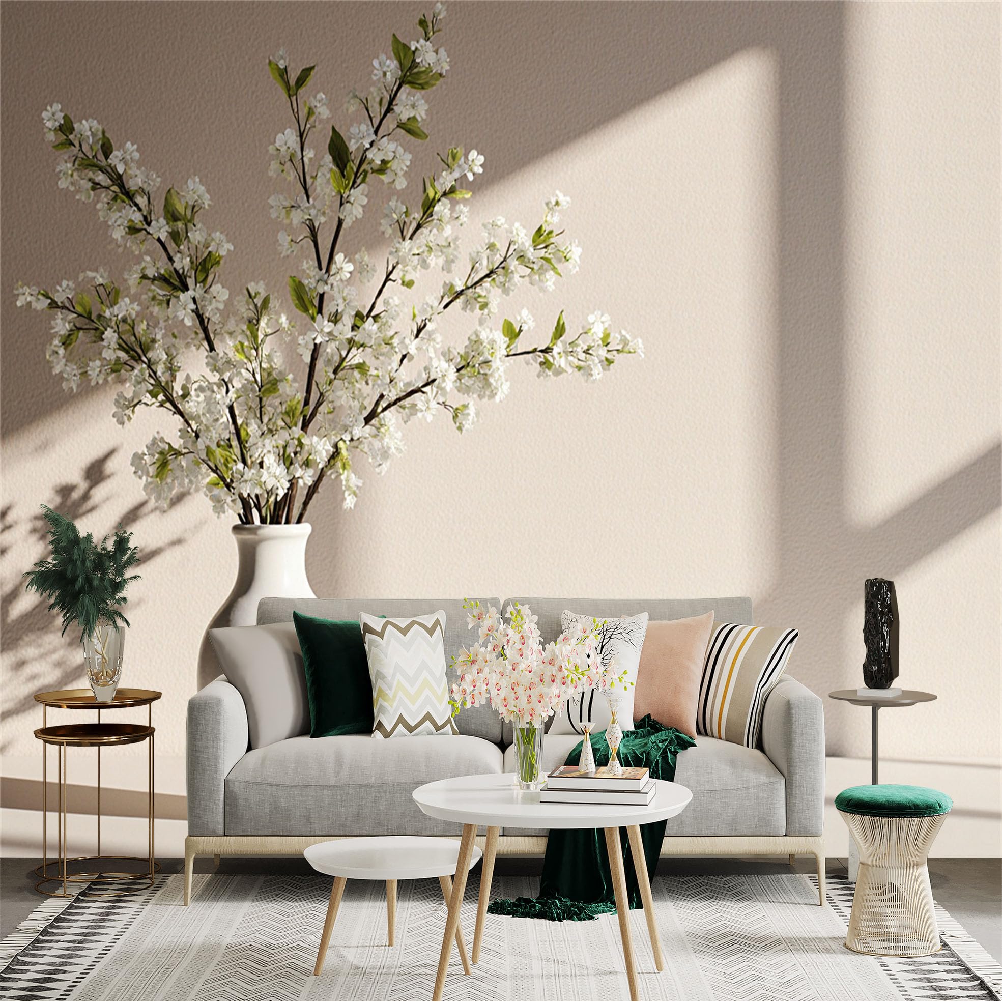 Custom Size Wall Sticker Mural， Minimalist White Vase with Spring Blossoms and Open Book， Sunlight Shadow Aesthetic， for wall Decoration， peelandstick wall Decals.
