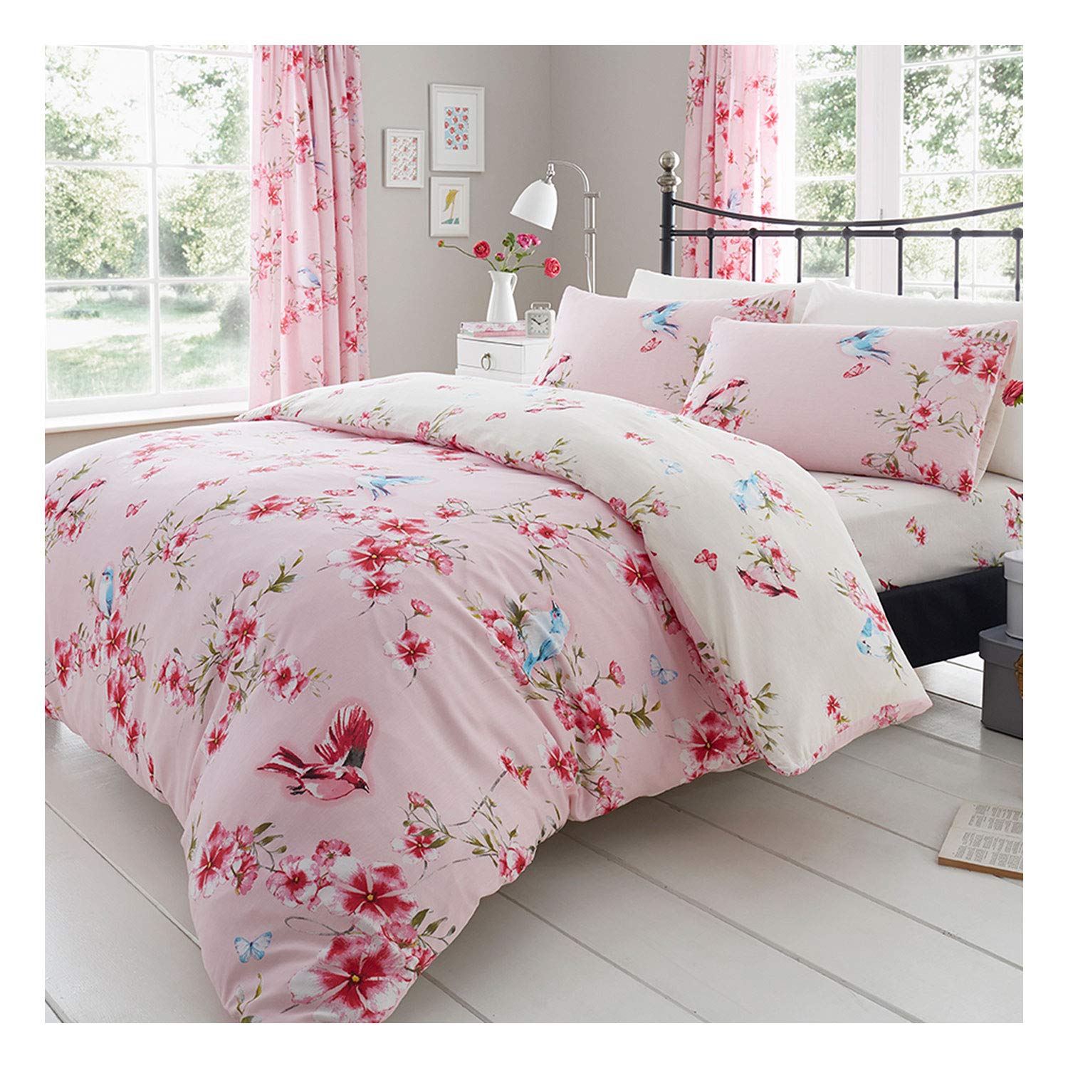 FAIRWAYUK Floral Duvet Cover Set, Reversible Bedding Double Bed Size With Pillowcase, Ultra Soft Easy Care, Pink Quilt Covers, 3 Pieces Hypoallergenic, 200x200cm