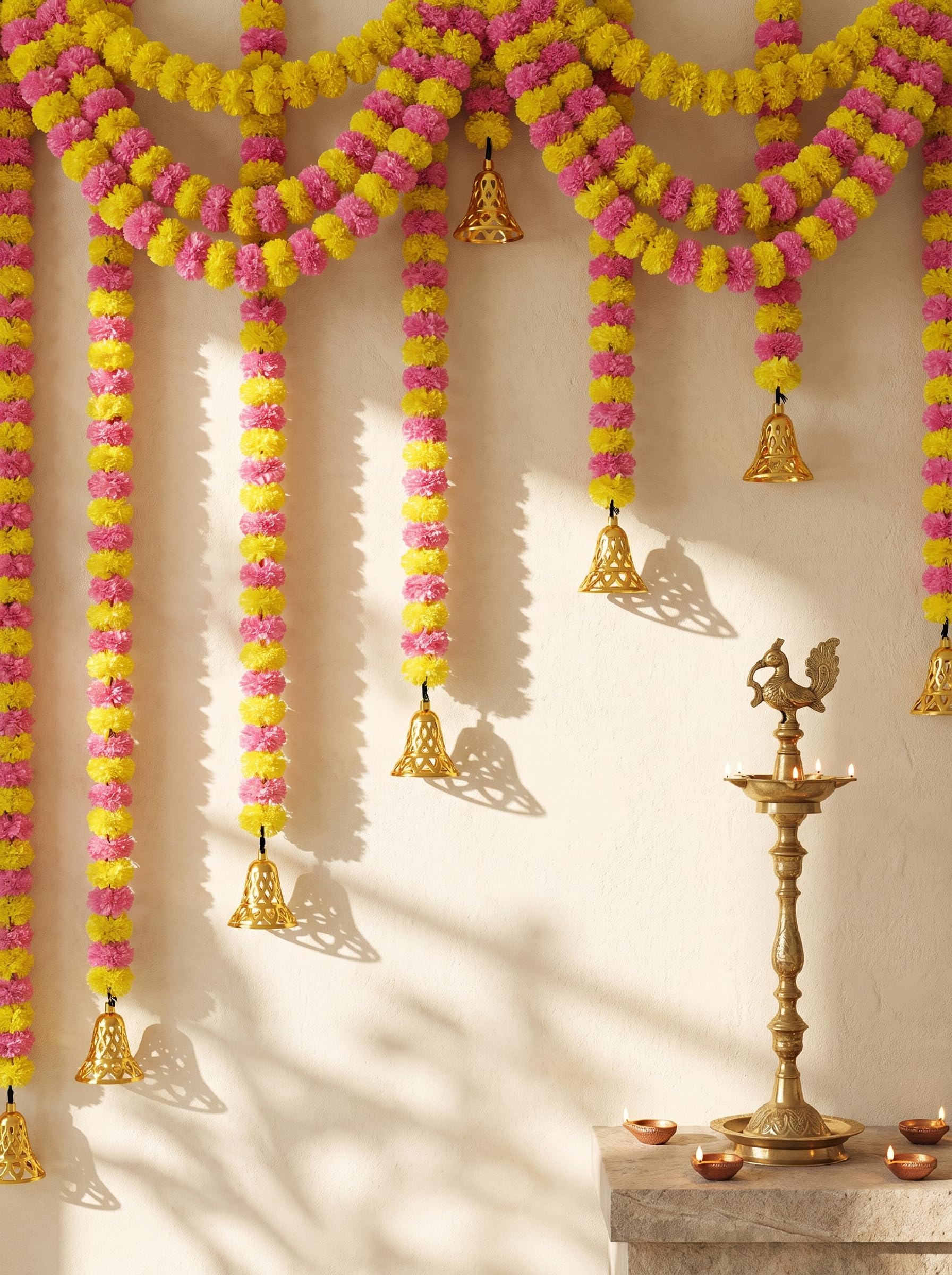 Artificial Marigold Fluffy Flower Garlands with Golden Bells, Yellow AUR Green Genda Phool Mala for Diwali, Mandir Pooja AUR Home Toran Decoration (Set of 5) (Yellow and Pink)-image-1