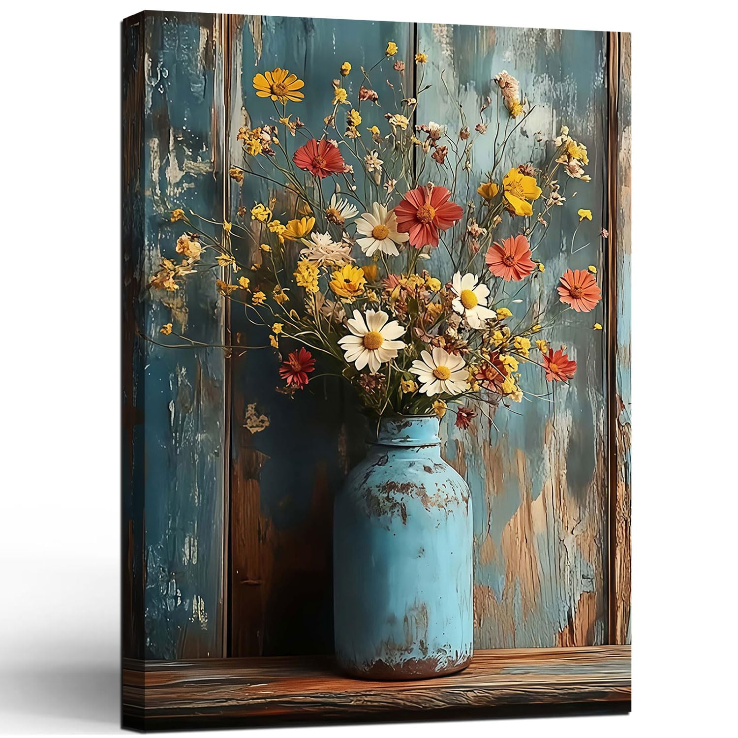 Oil Painting Style Print Antique Metal Vase Wildflowers Pattern Background Rustic Vintage Floral Art Farmhouse Decor Rustic Wall Art Floral Mural Home Decor Gallery Poster 12x16 Inch