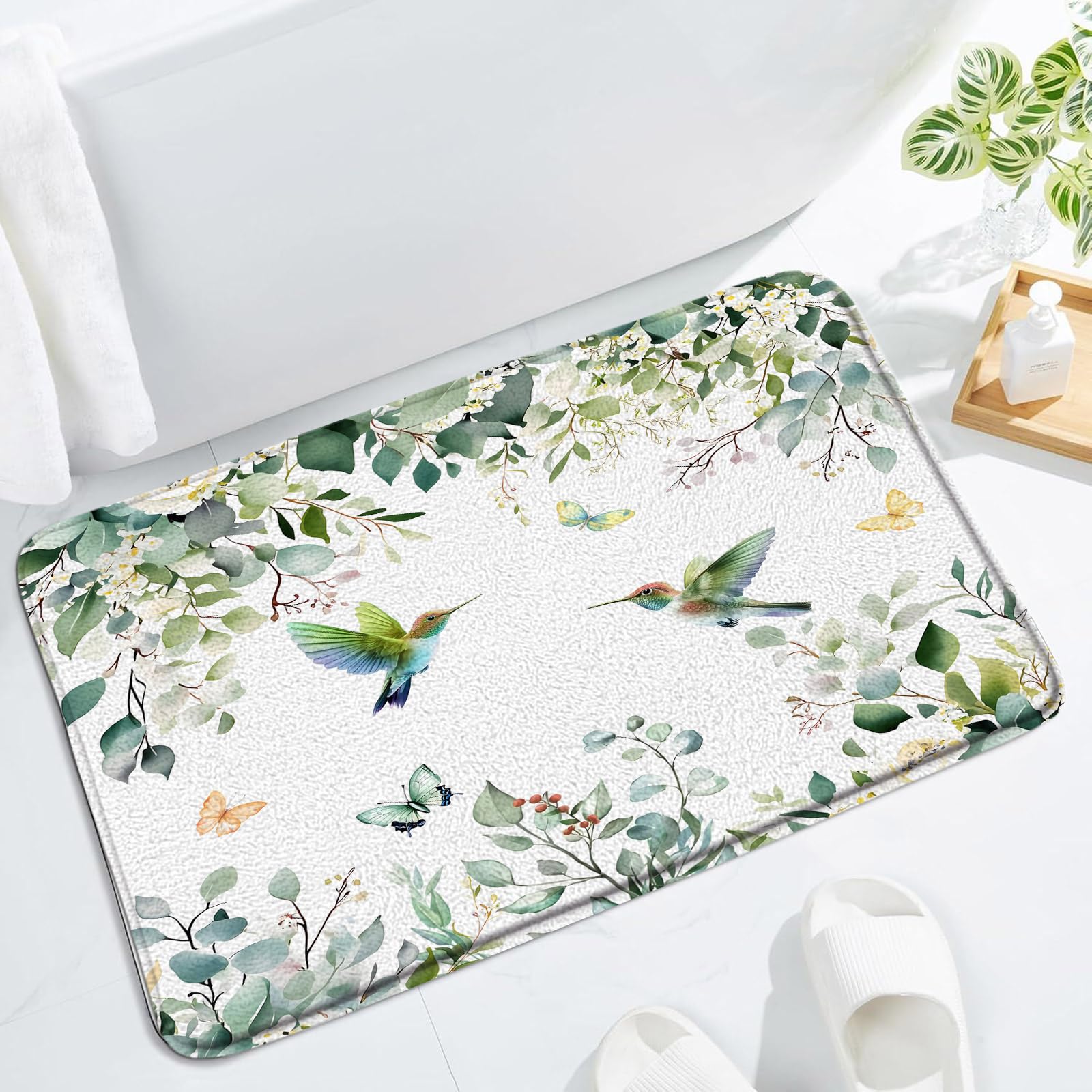 Eucalyptus Leaves Bath Mat Hummingbird Sage Green Leaf Watercolor Floral Plants Cute Bird Spring Botanical Aesthetic Bathroom Rug Floor Mat