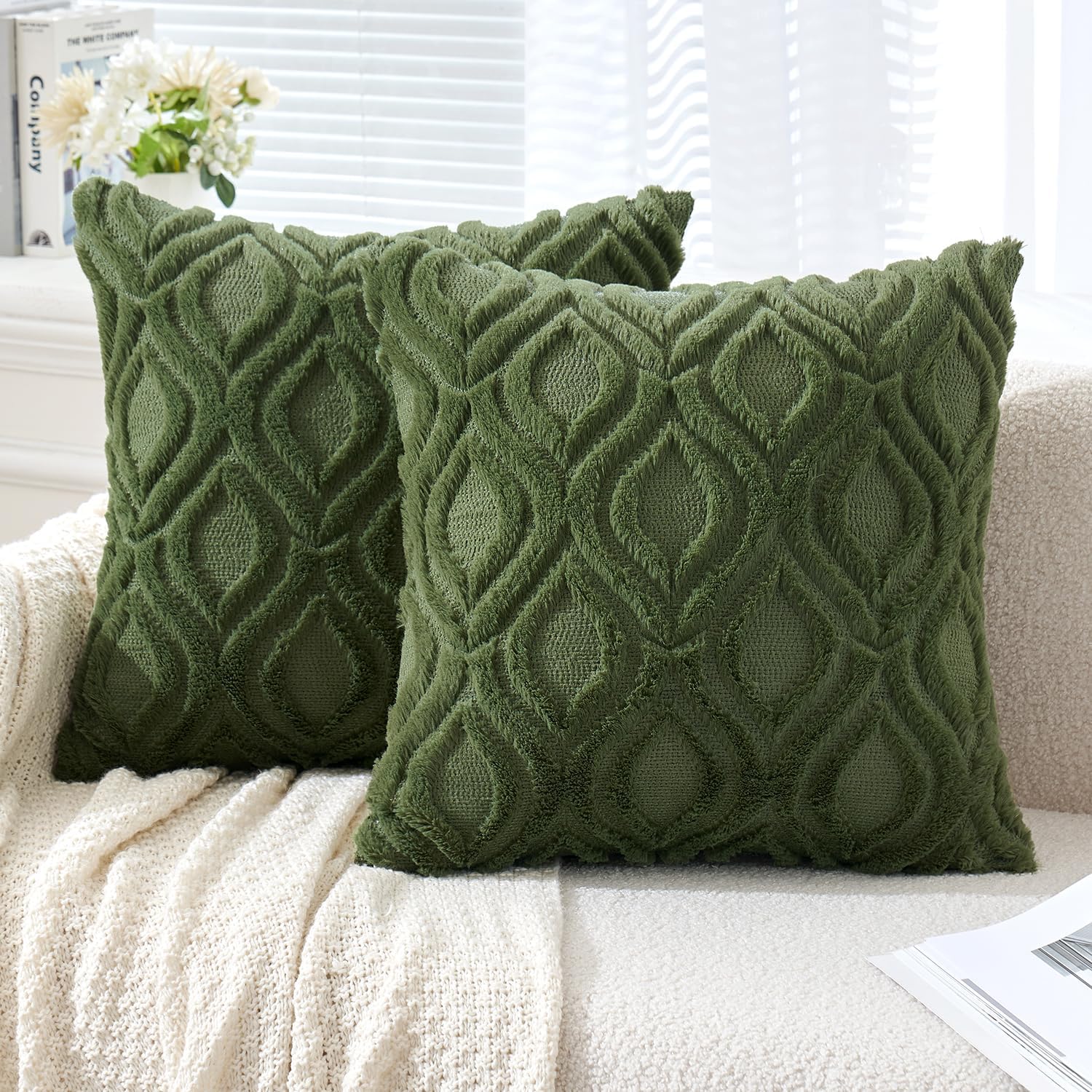 Similar to MIULEE Moss Green Throw Pillow Covers 18x18 Inch, Soft Winter Plush Faux Wool Couch Pillow Covers Set of 2 Decorative Farmhouse Boho Throw Pillows for Sofa Living Room Bed 18\" x 18\" (Pack of 2) Moss Green