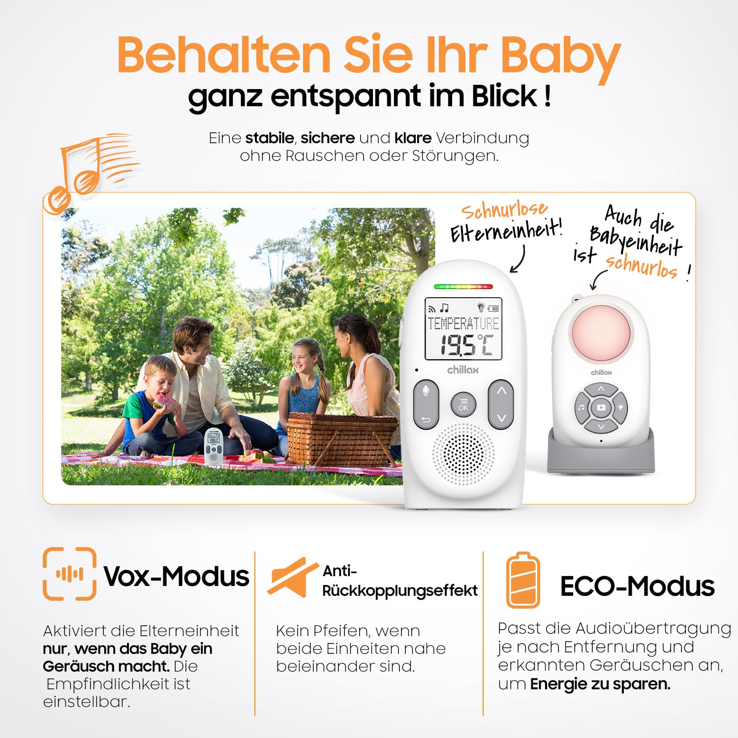 CHILLAX - Audio-Babyphone CB360 Portable - DECT - 2 schnurlose Einheiten - VOX & Eco Modus - Temperatursensor - Gegensprechfunktion - 340 m Reichweite - Nachtlicht & 5 Wiegenlieder - 13 h Akkulaufzeit