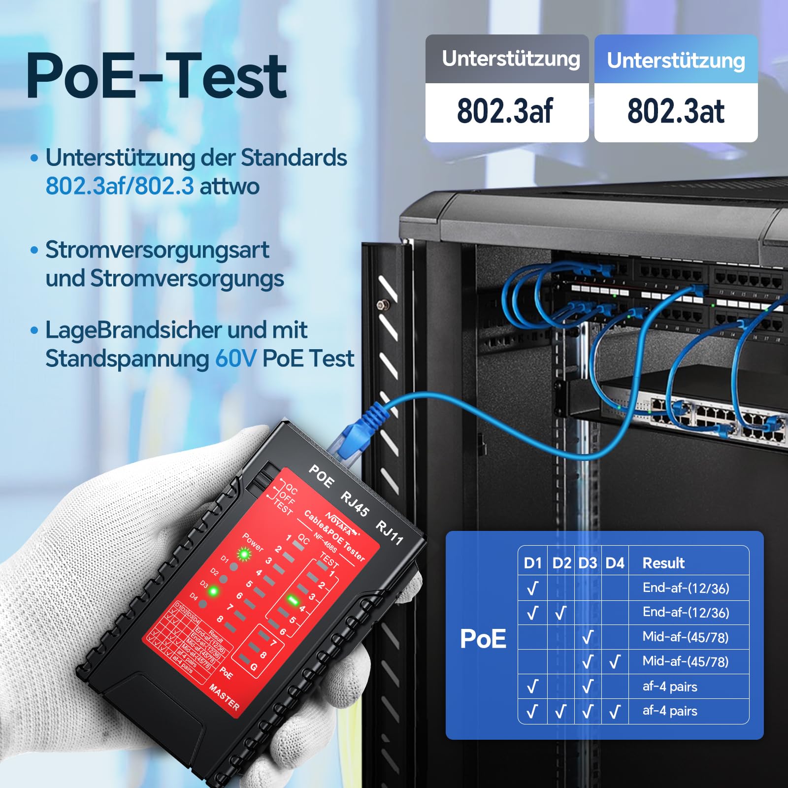 NOYAFA Netzwerkkabeltester, Erweiterte Kabel Tester für RJ11, RJ12, RJ45, CAT5, CAT6, CAT7, STP/UTP-Kabelprüfer, Kabelmapper, PoE-Tester, Durchgangsprüfung, Telefonleitung Cat3, LAN-Netzwerk tool