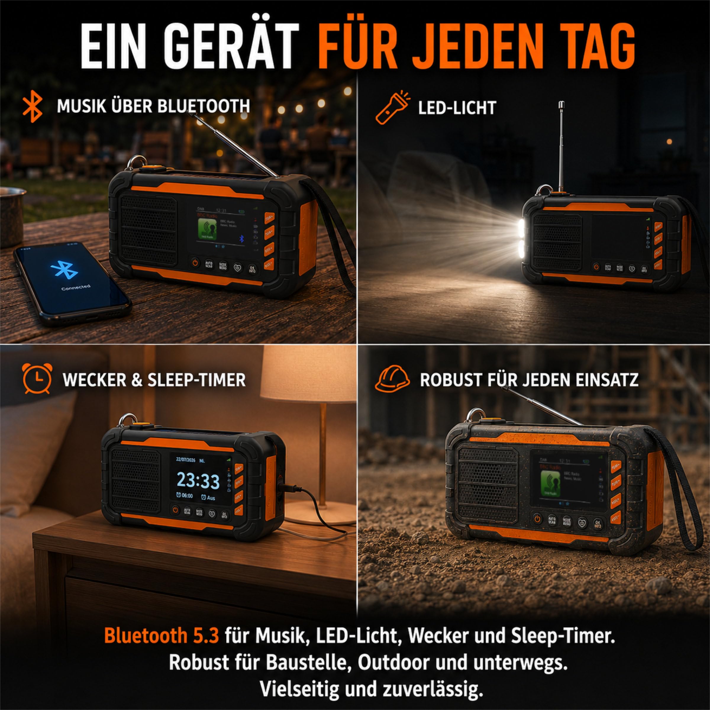 ration1 DAB+ Radio Kurbelradio Notfallradio mit Powerbank, Solar & Kurbel | 10.000 mAh, 80 h Laufzeit, USB-C, Bluetooth 5.3, 2 Zoll Display, Radiowecker, SOS, AA-Reserve, ASA Funktion, Baustellenradio