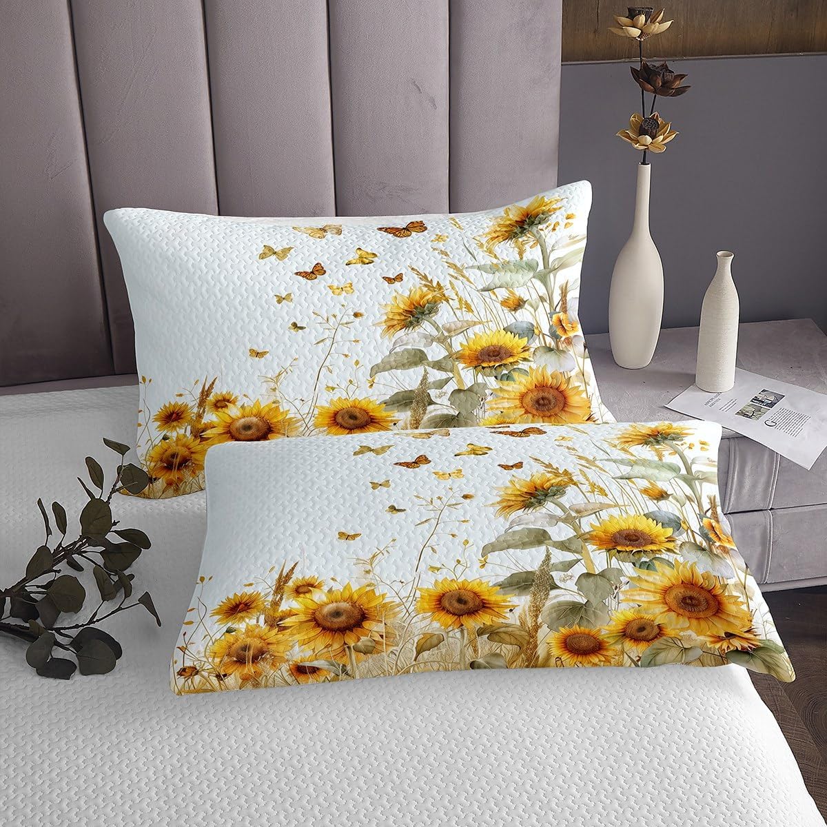 jejeloiu Sunflower Bedspread King Size Kids Butterfly Rustic Floral Coverlet Set for Boys Girls Teens Yellow Flowers Quilted Coverlet Botanical Spring Bedroom Decor