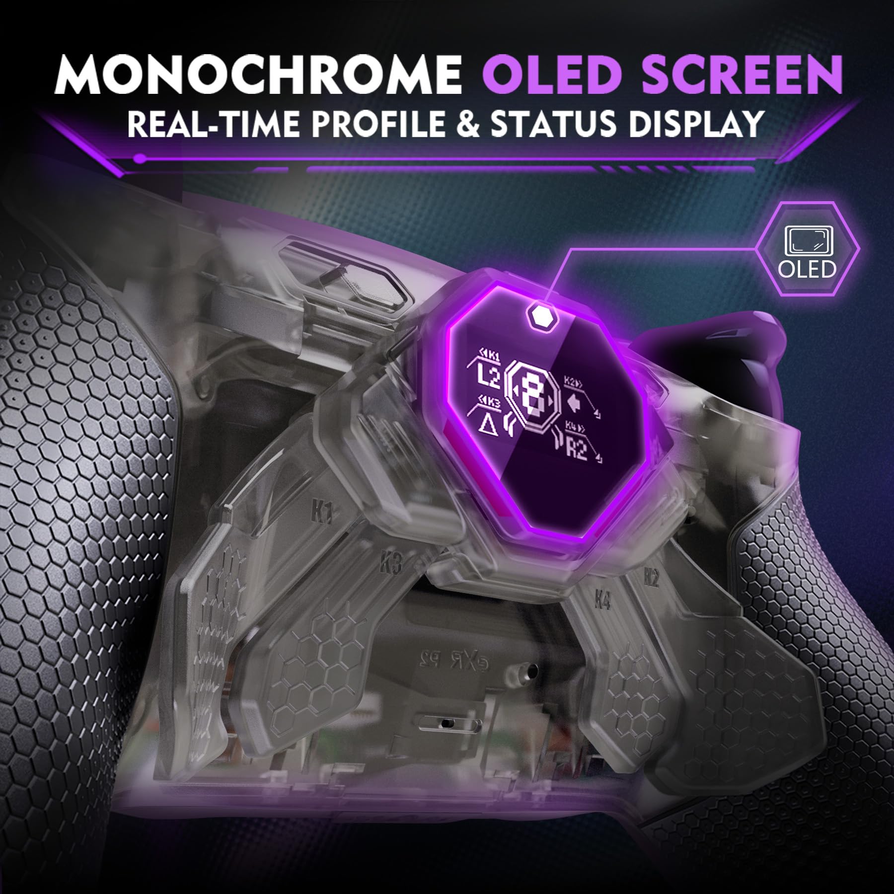 eXtremeRate Spark Tasti Posteriori Kit per ps5 Controller BDM 010 020, Display OLED + Clicky Trigger Stop + Grip Ergonomici, 4 Palette Rimappabili Accessori per ps5 Joystick, Trasparente Nero