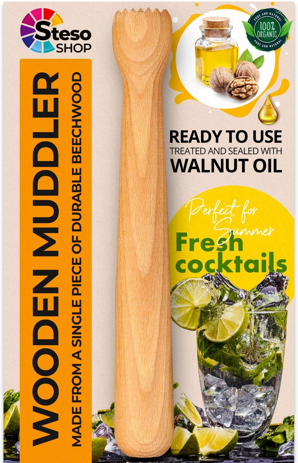 Steso Bar Muddler Wood - Mojito Cocktail Muddler - Mint Lime Herbs Lemon Garlic Crusher - Durable Stable Powerful