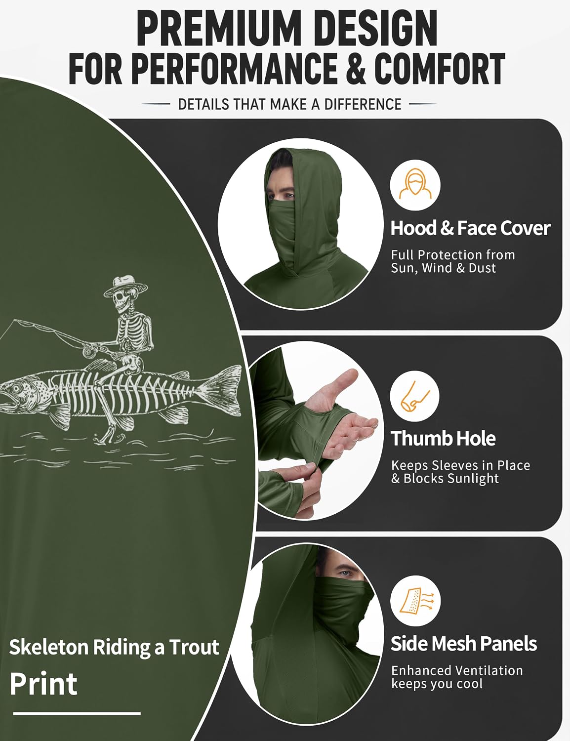FISHEAL Men's UPF 50+ Fishing Hoodie, Long Sleeve Sun Protection UV Shirts with Mask, Lightweight Quick Dry Outdoor Hooded