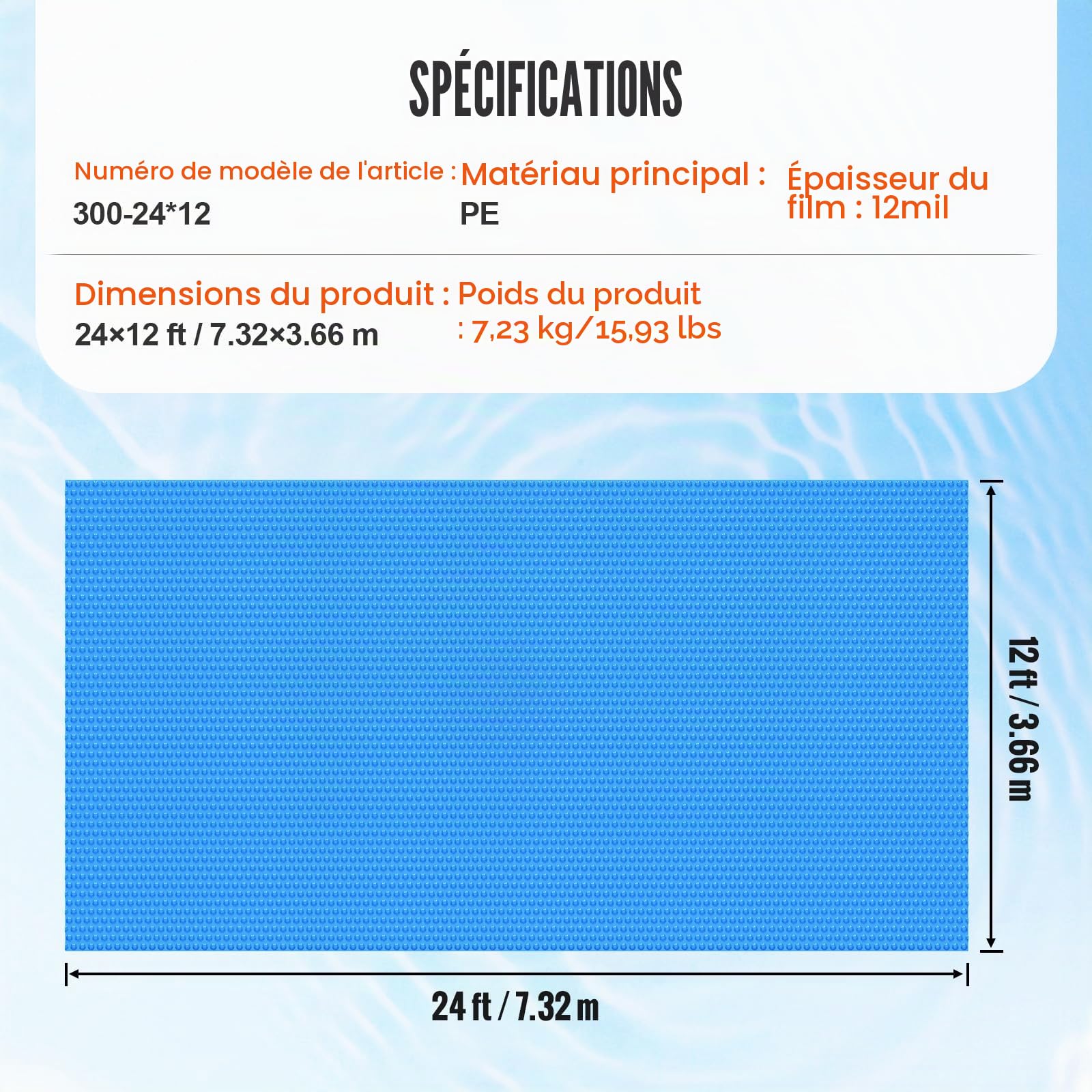 VEVOR Couverture Solaire pour Piscine, 7,32 x 3,66 m, bâches solaires rectangulaires pour Piscine, épaisseur de 0,3 mm, Protecteur de Piscine pour Piscine Hors Sol creusée, pour Chauffer l'eau, Bleu