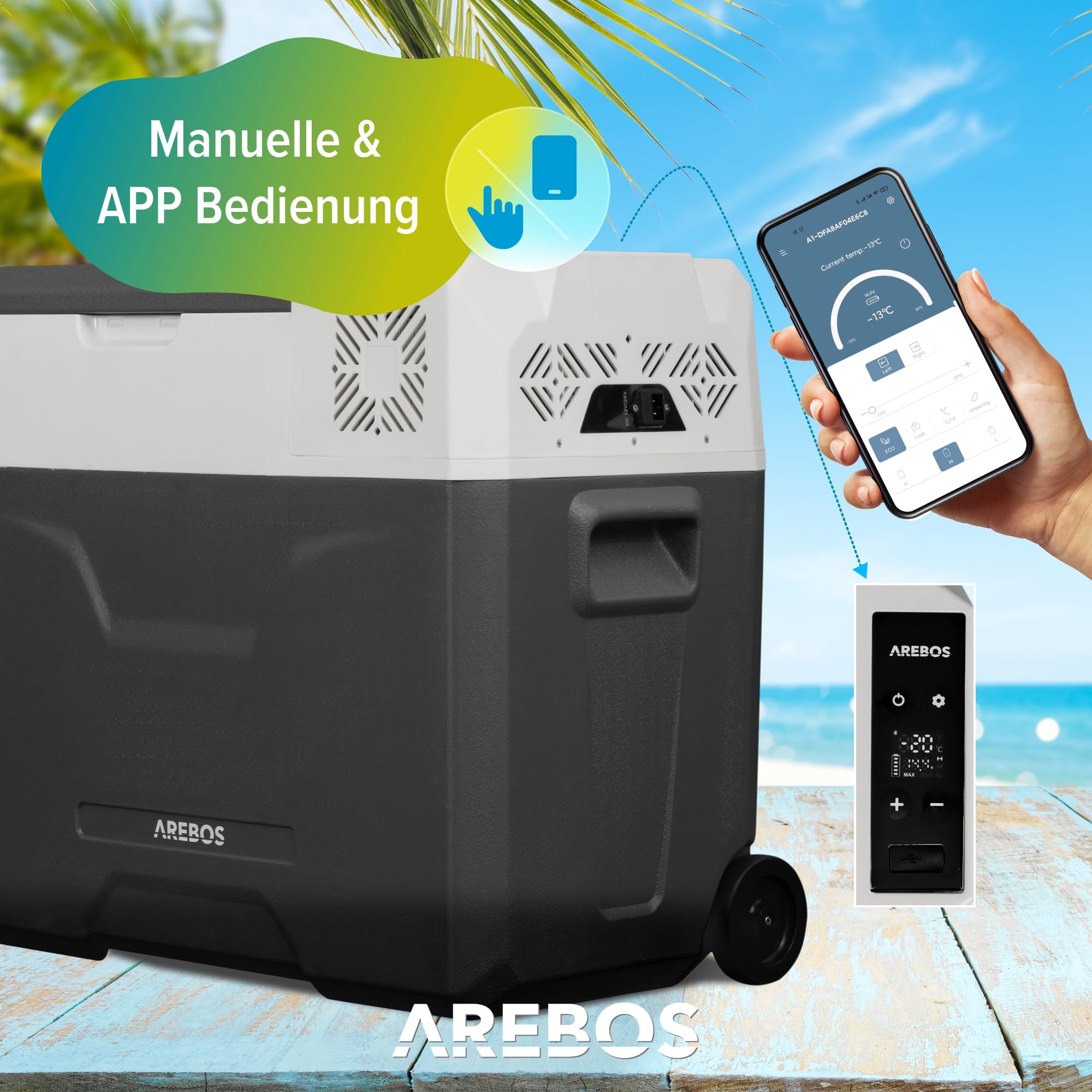 Arebos Kompressor Kühlbox 47L Elektrische Gefrierbox mit APP & Smart-Steuerung Kühl- und Wärmefunktion 12/24V 230V