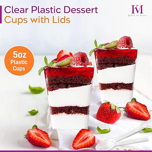 Miniatura 5 de Km Vasos de postre con tapas y cucharas de 5 onzas, paquete de 100 vasos transparentes, vasos de plástico para parfait, cuencos de aperitivo de